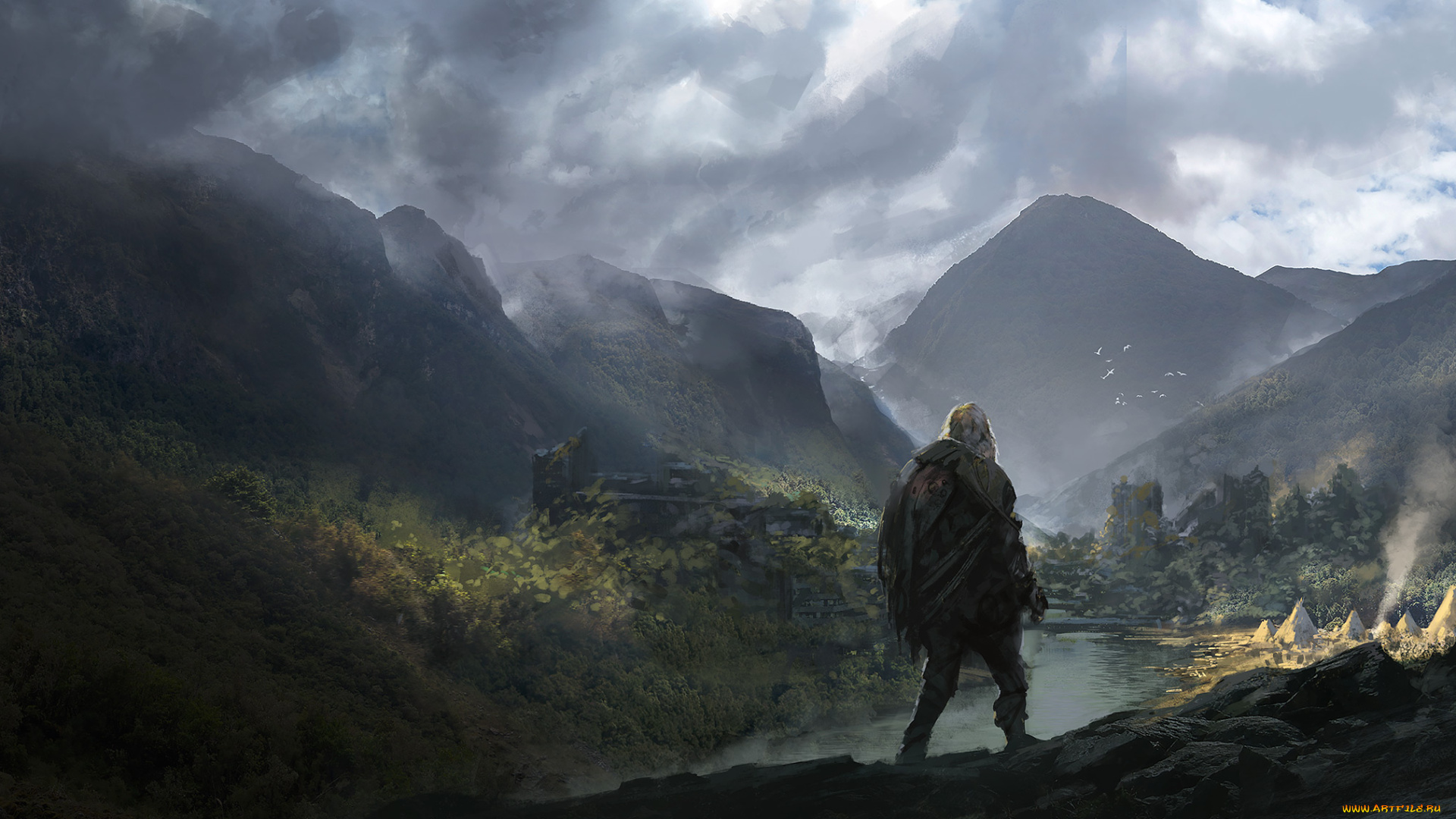 фэнтези, пейзажи, человек, селение, река, горы, тучи, небо