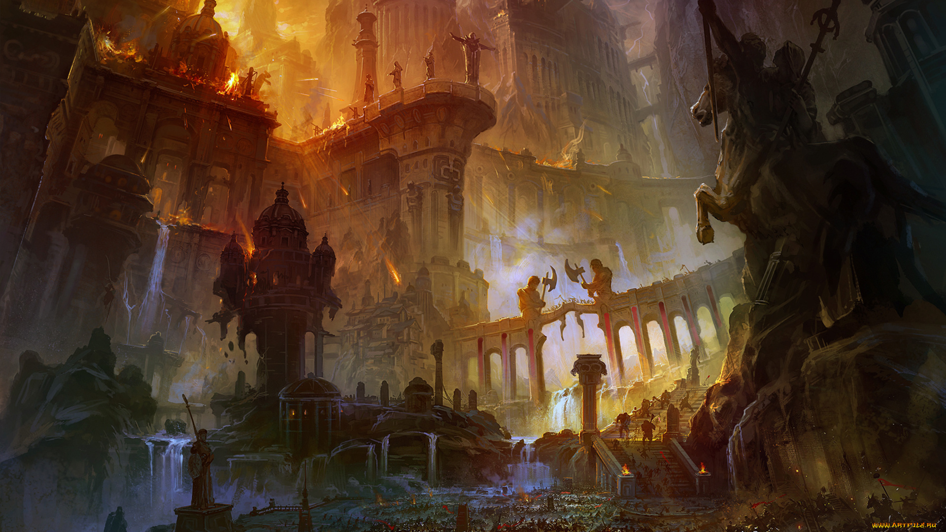 фэнтези, замки, сражение, пожар, руины, мир, иной, город