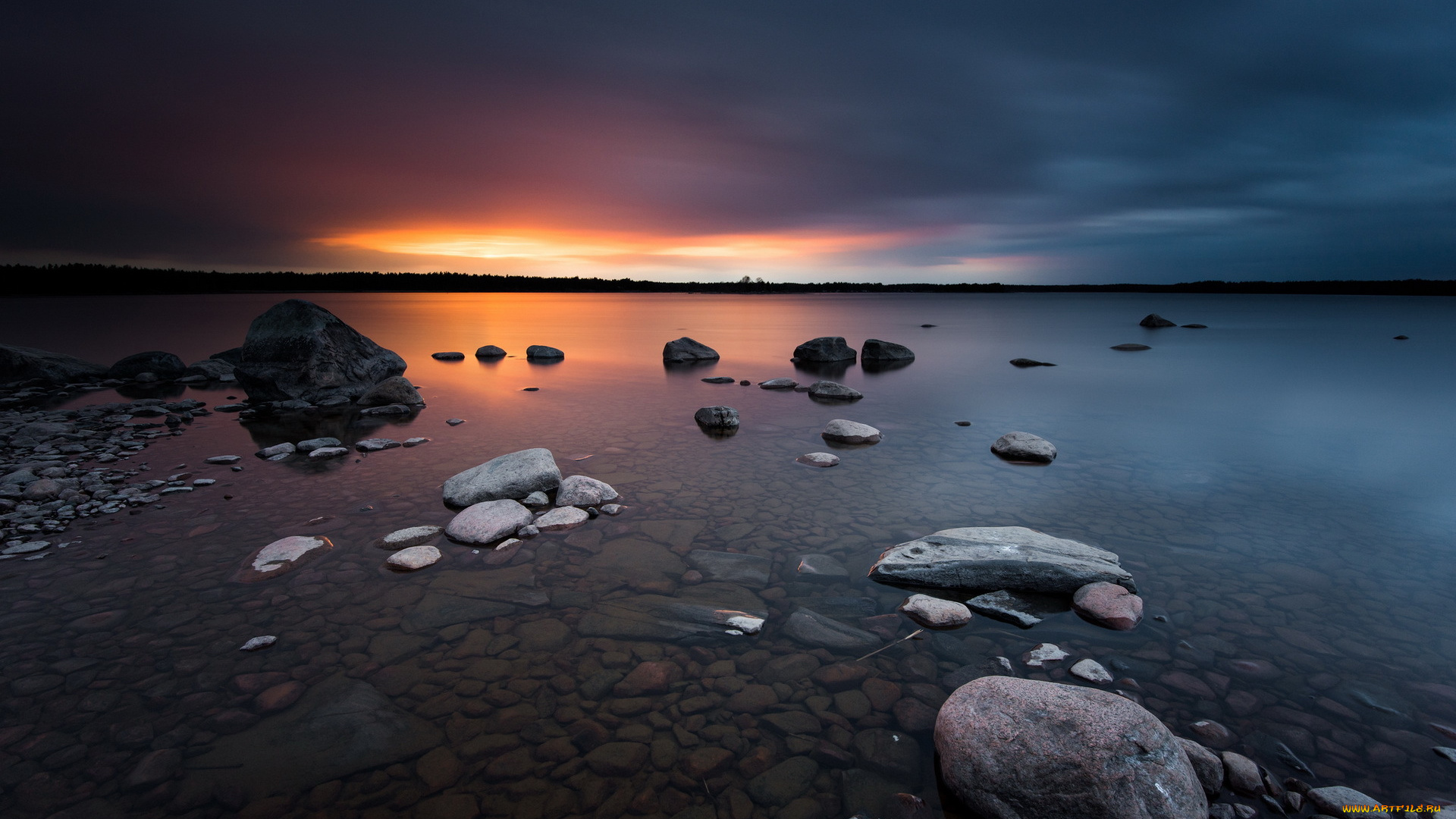 природа, побережье, ночь, озеро