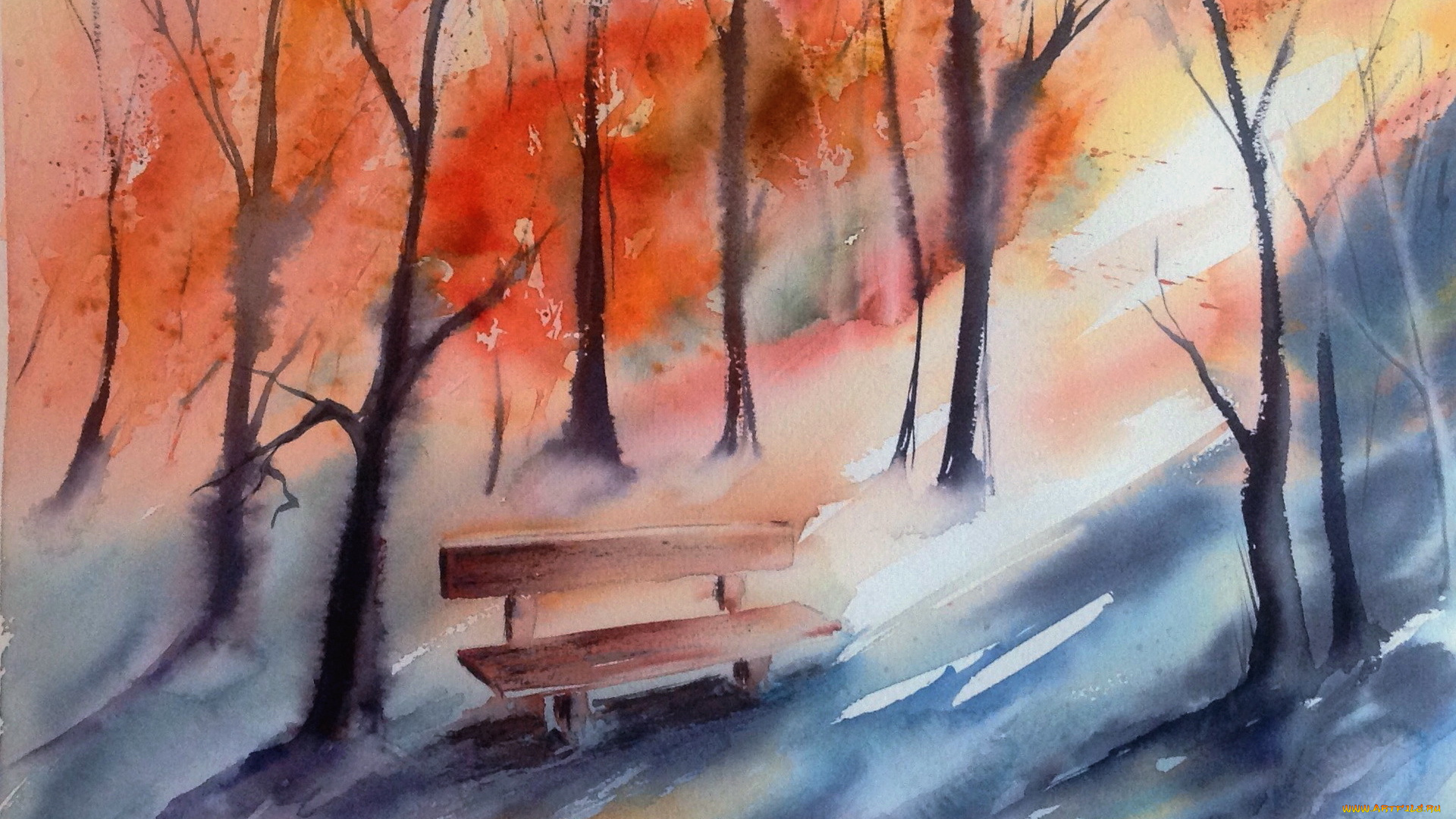 рисованное, природа, акварель, осень, скамья