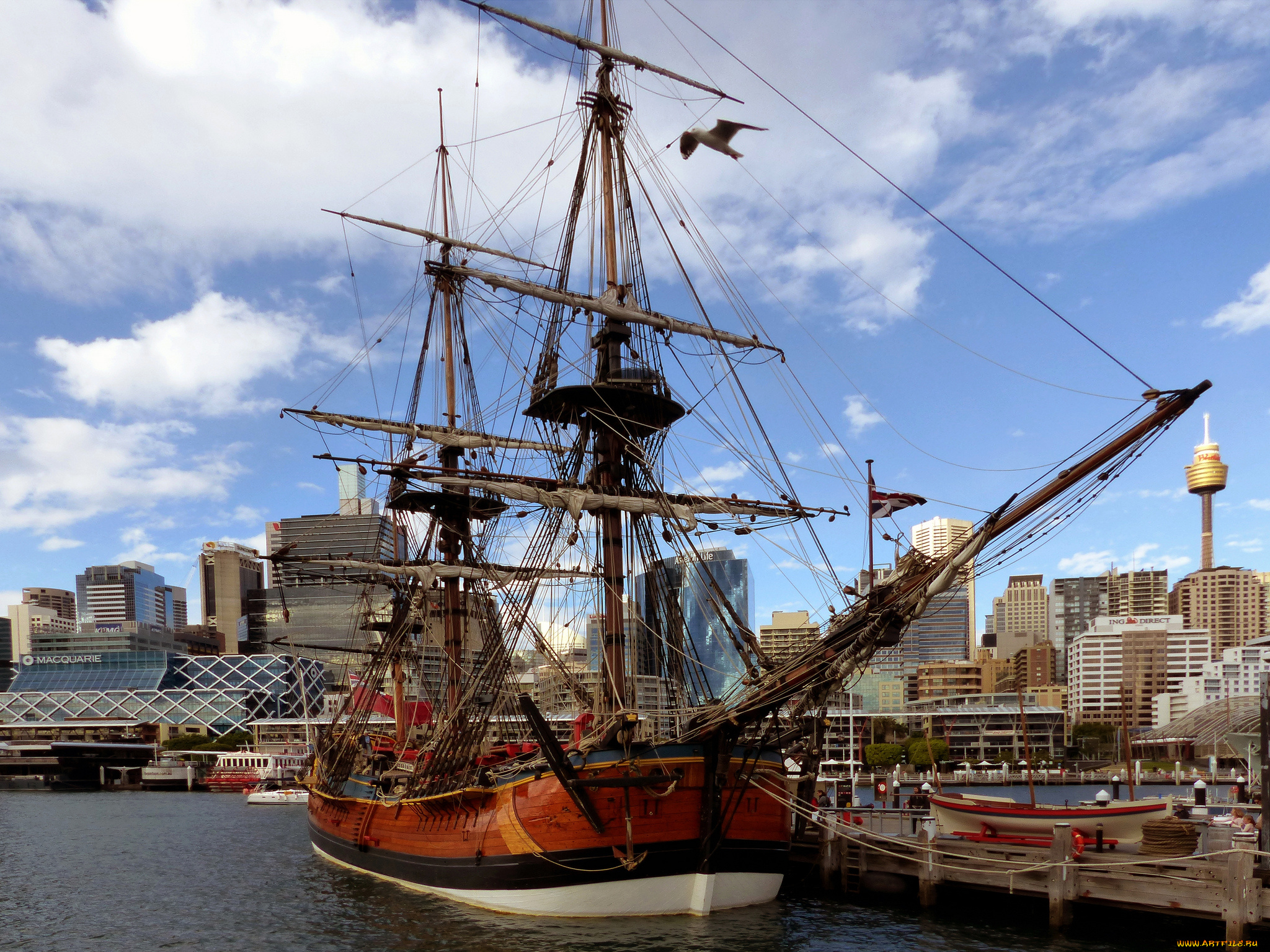 hmb, endeavour, , sydney, корабли, парусники, порт, причал, парусник