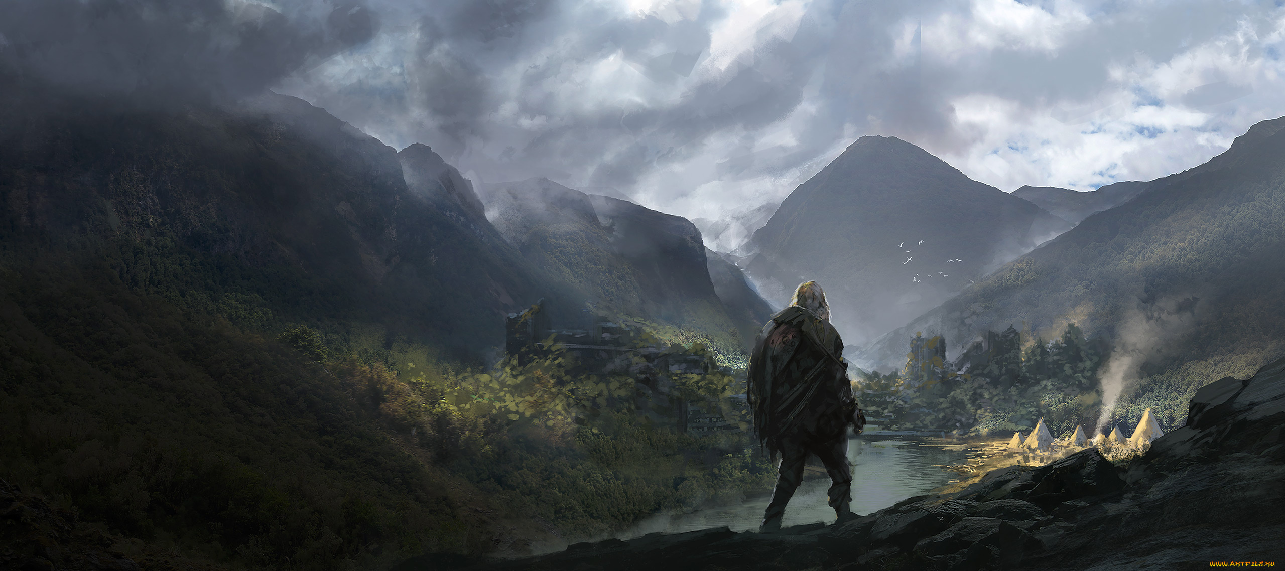 фэнтези, пейзажи, человек, селение, река, горы, тучи, небо