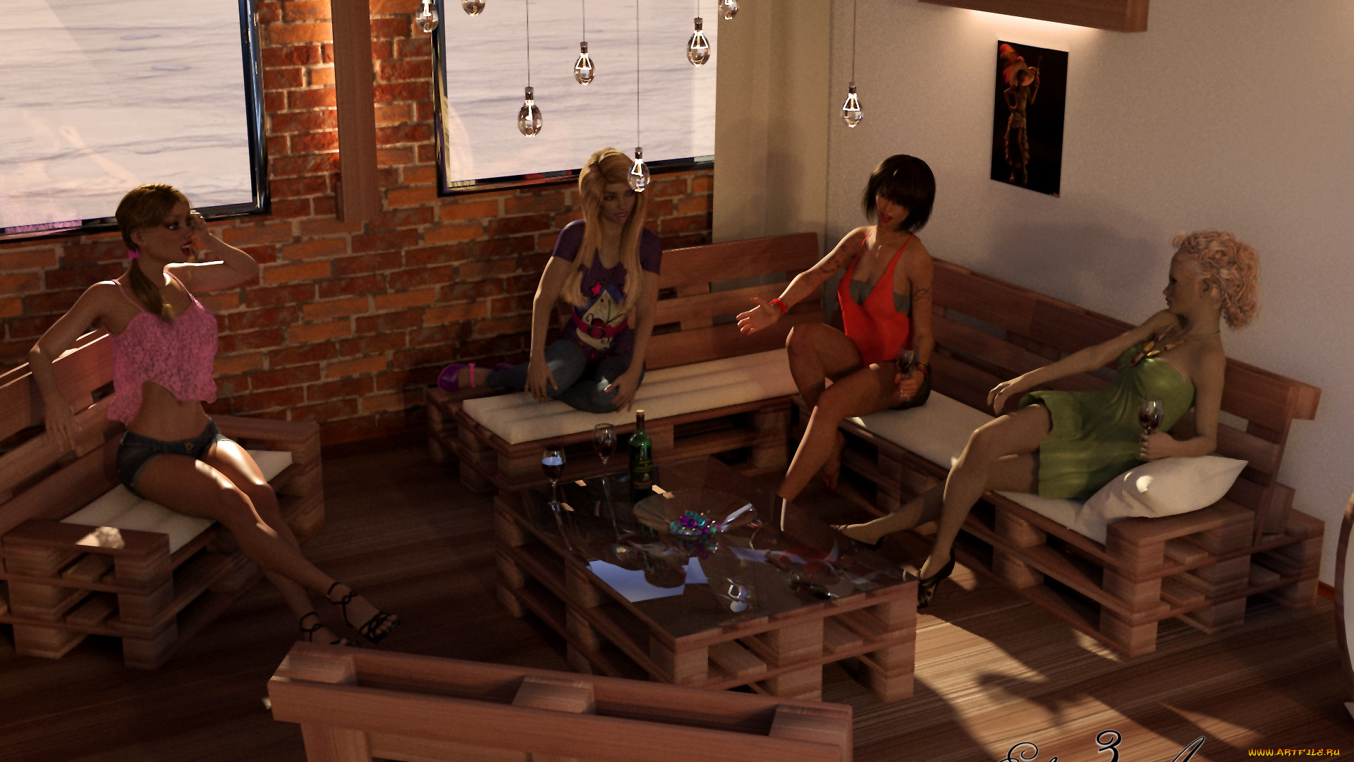 3д, графика, люди, , people, фон, интерьер, взгляд, девушки