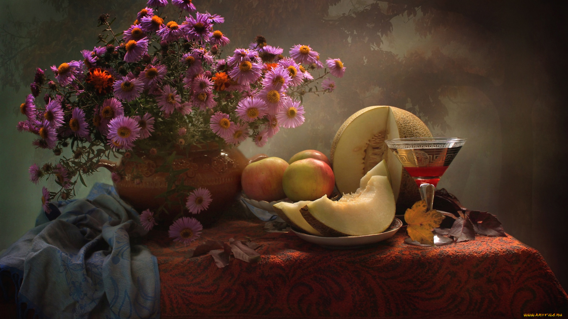 еда, натюрморт, бокал, дыня, яблоки, вино, букет