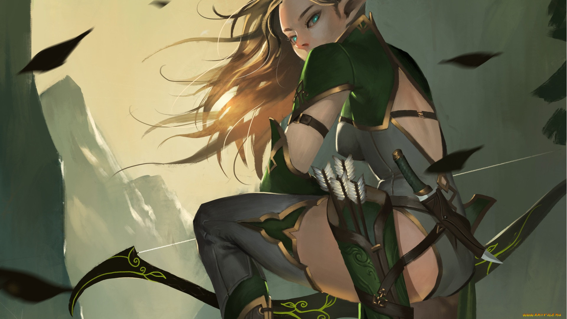 фэнтези, эльфы, фэнтази, взгляд, арт, эльфийка, лук, поза