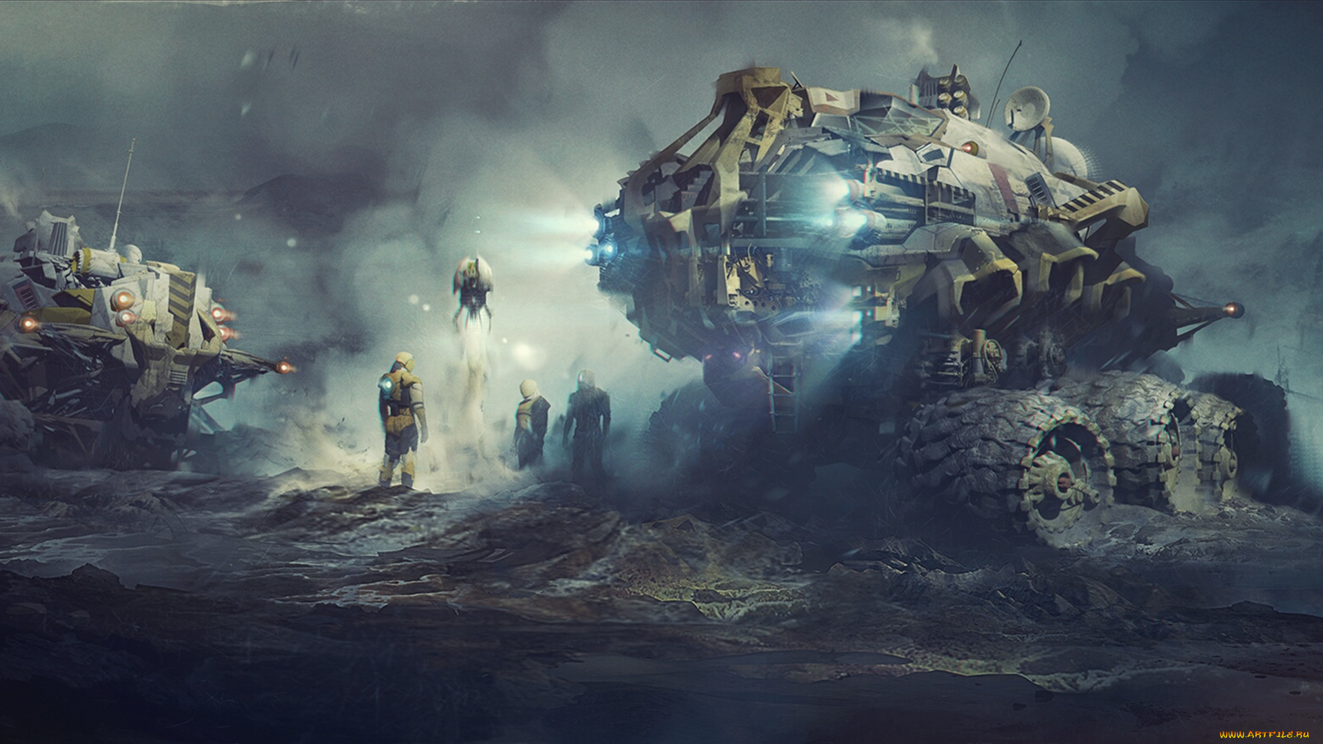 фэнтези, транспортные, средства, инженеры, фантастика, планета, космос, дрон, скафандры