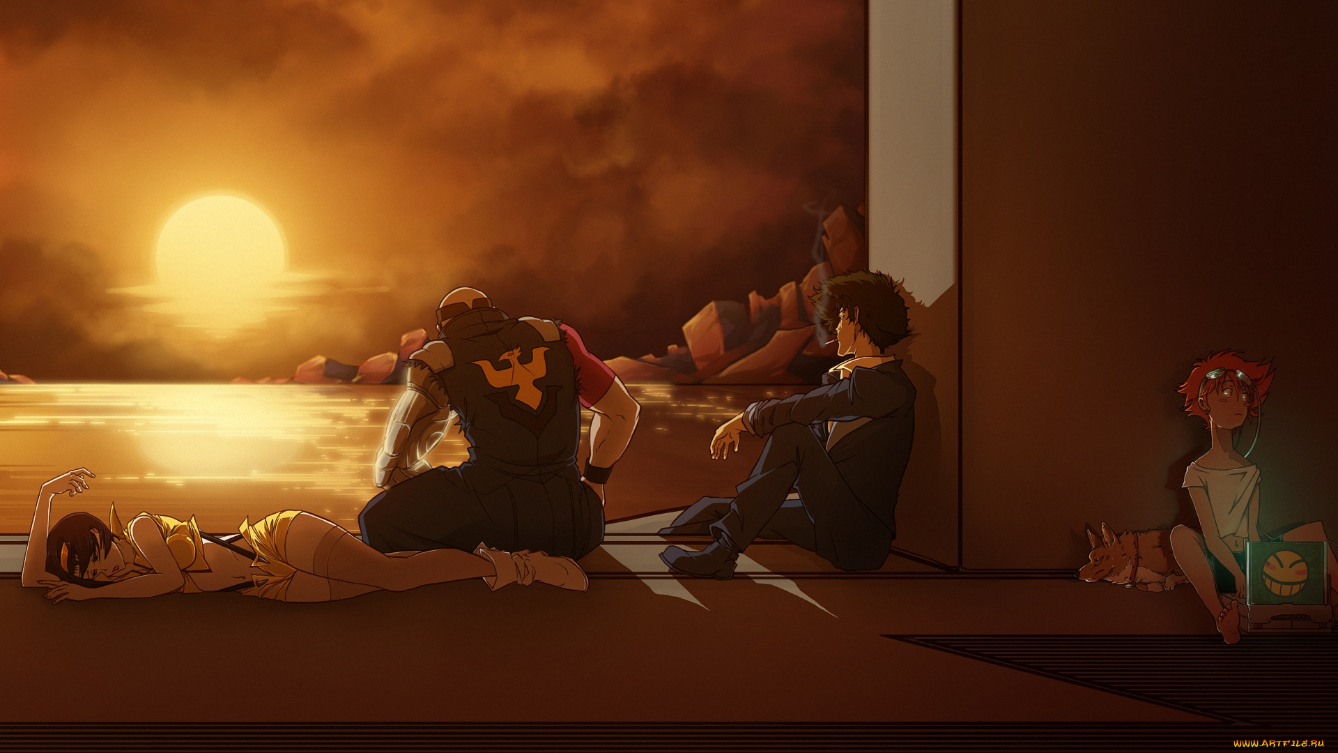 аниме, cowboy, bebop, ein, закат, spike, jet, faye, ed