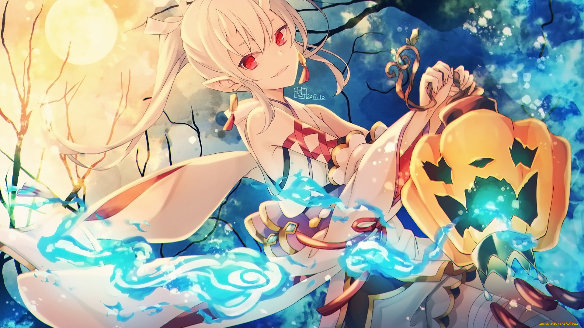 аниме, магия, , колдовство, , halloween, фон, девушка, взгляд