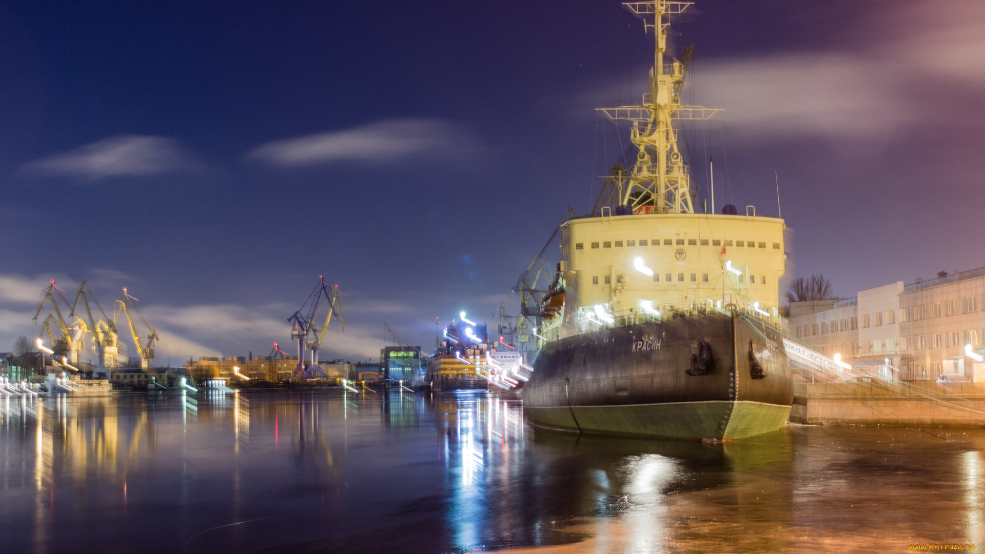ледокол, красин, корабли, ледоколы, ночь, причал