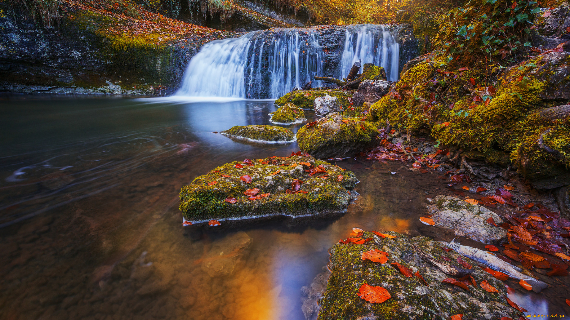 природа, водопады, пейзаж, ручей, листья, лес, осень, деревья, камни