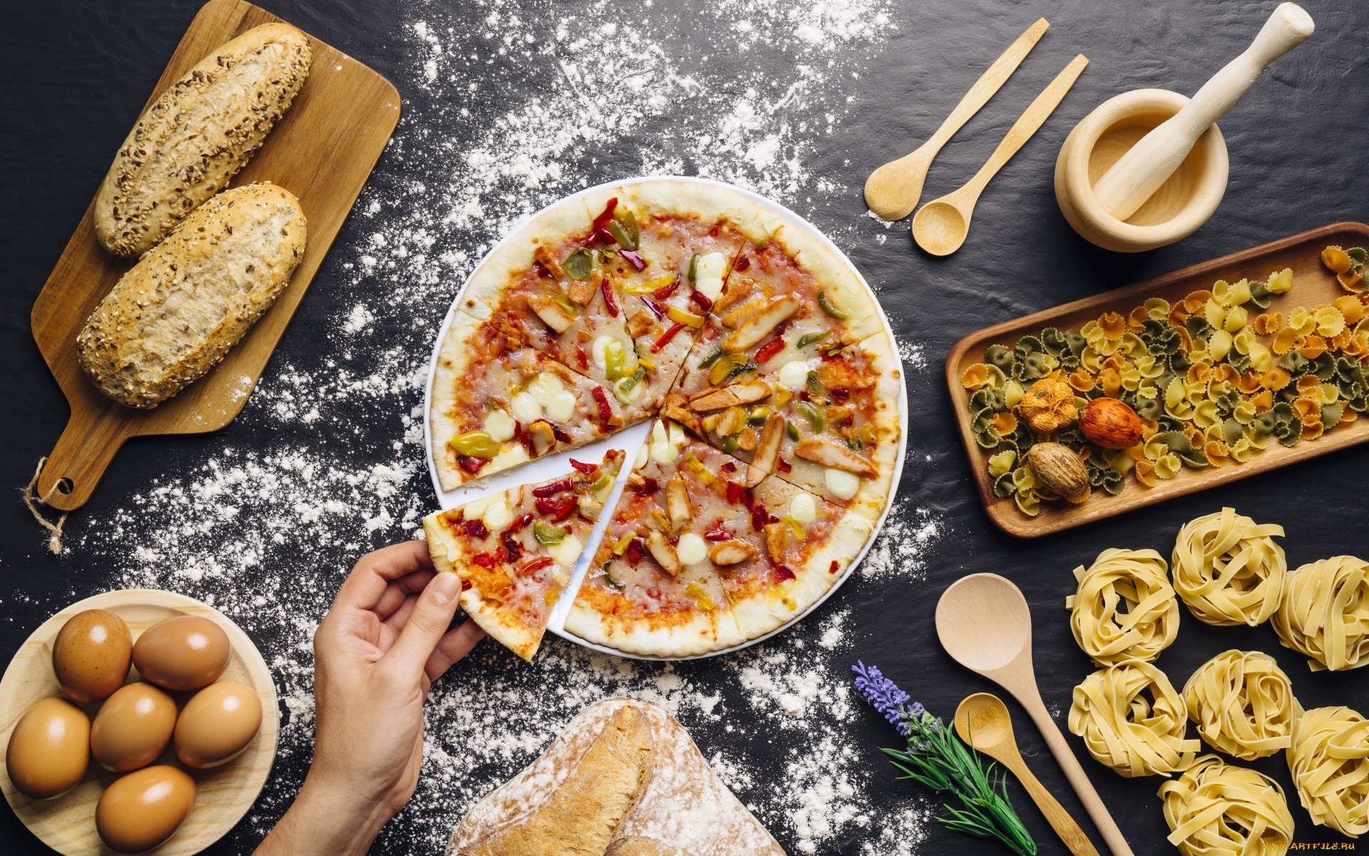 еда, пицца, хлеб, яйца, мука, паста