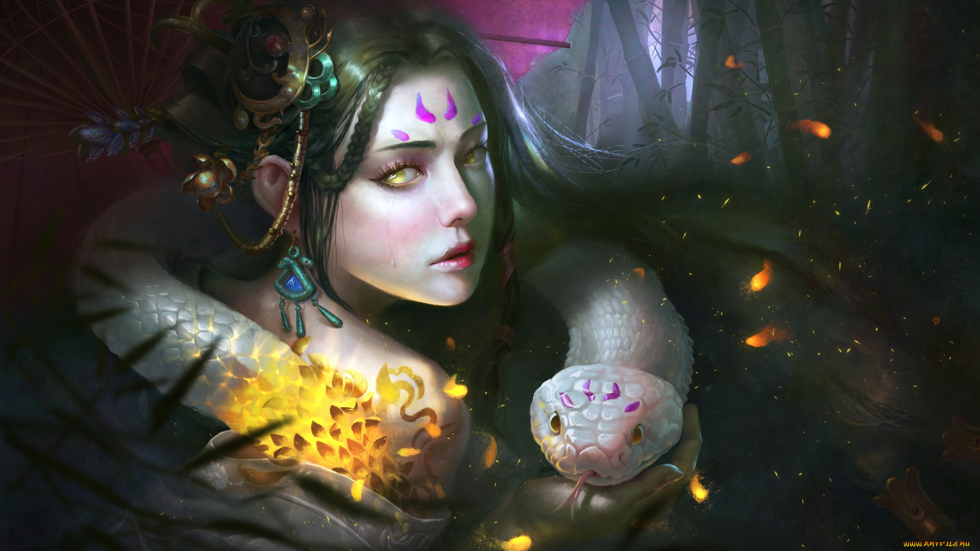 фэнтези, красавицы, и, чудовища, взгляд, девушка, лицо, цвет, змея, зонт, арт, желтые, глаза