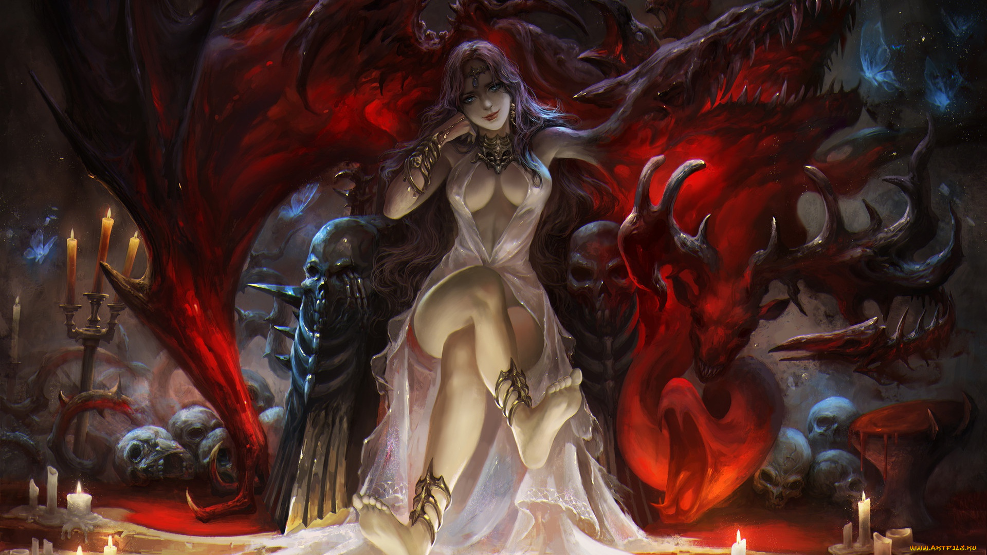фэнтези, красавицы, и, чудовища, взгляд, поза, свечи, арт, черепа, демоница, трон, нога, на, ногу
