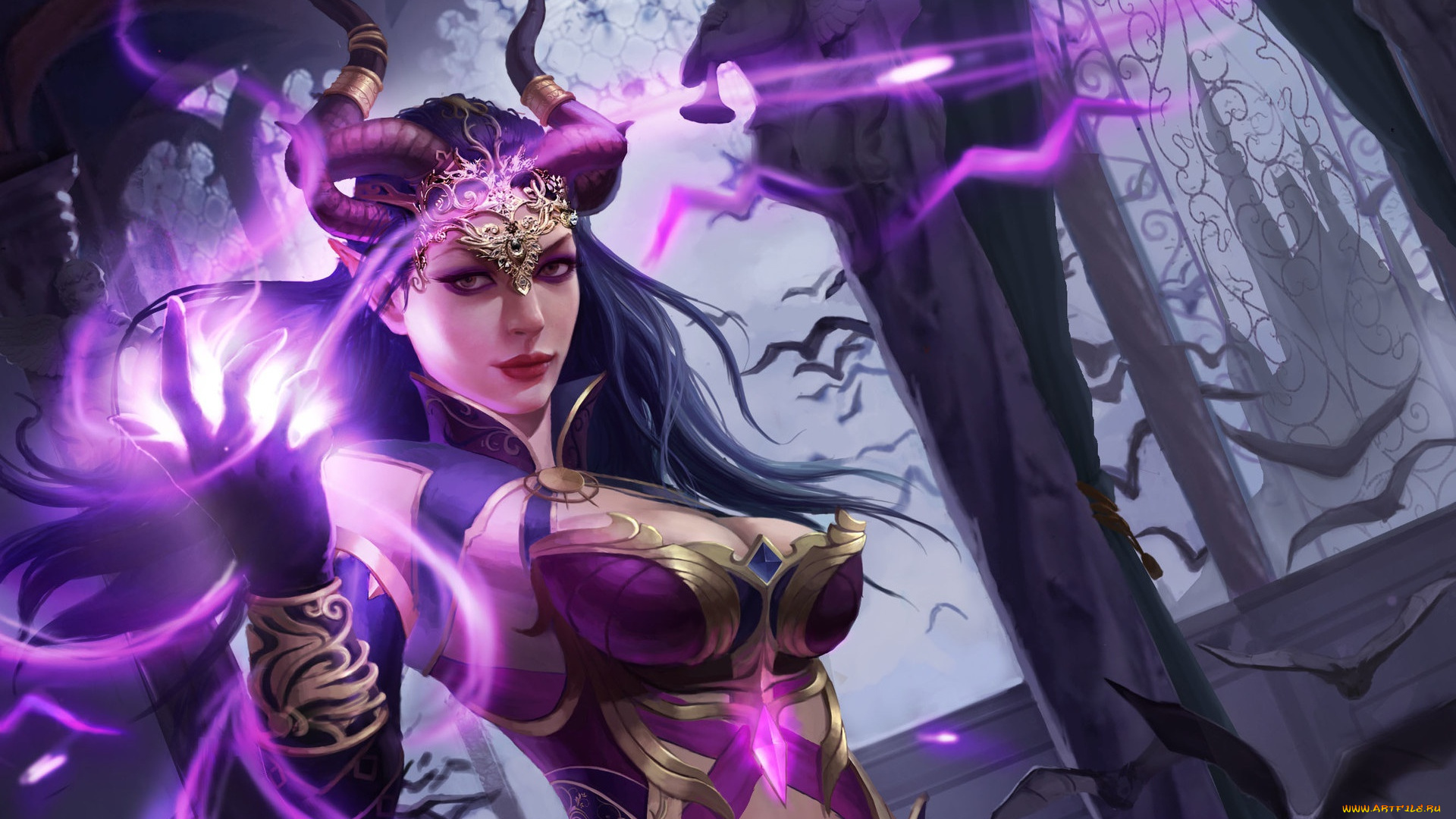 фэнтези, магия, арт, рога, летучие, мыши, демоница