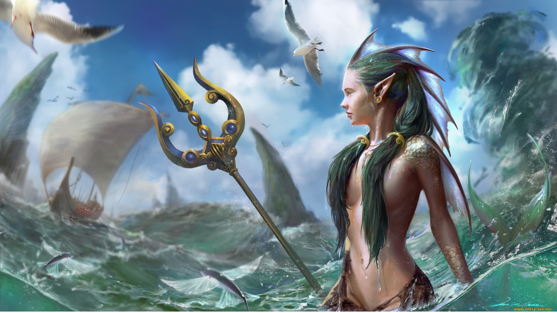 фэнтези, русалки, море, небо, взгляд, волосы, корабль, русалка, чайки, арт, трезубец, профиль