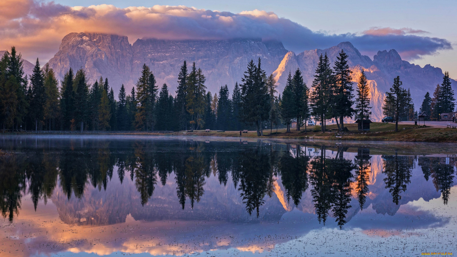 природа, реки, озера, утро, csilla, zelko, отражение, озеро, горы, деревья, облака