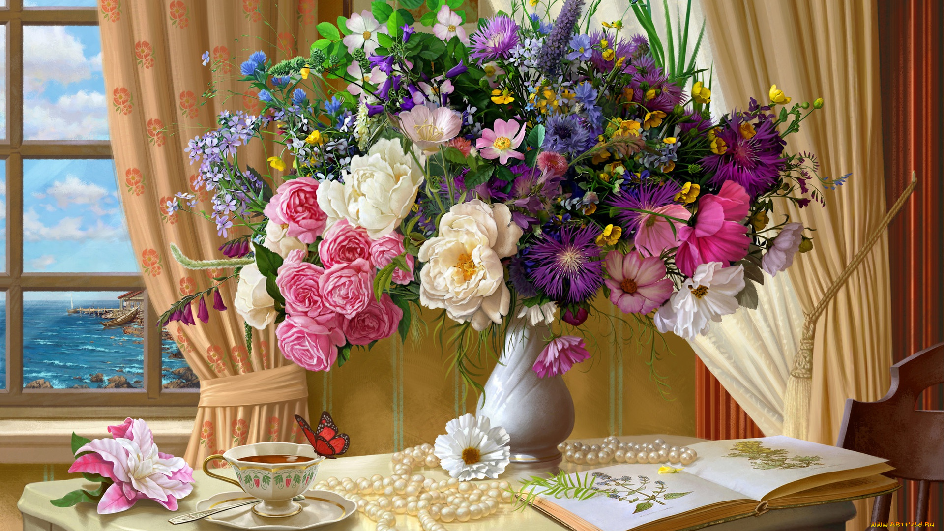 рисованное, цветы, окно, бабочка, чай, букет, стол, живопись, шторы, ваза, жемчуг, чашка, арт, помещение