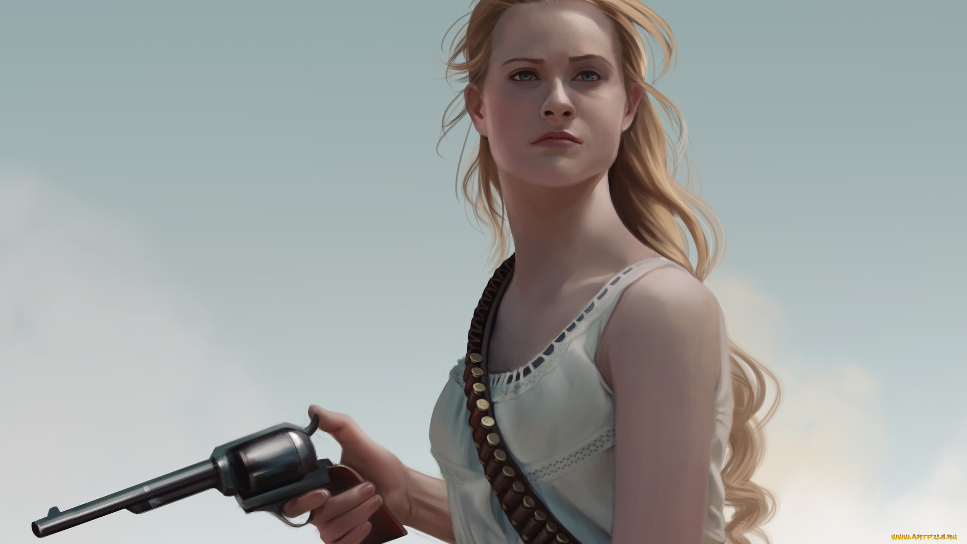 рисованное, люди, девушка, взгляд, револьвер, оружие