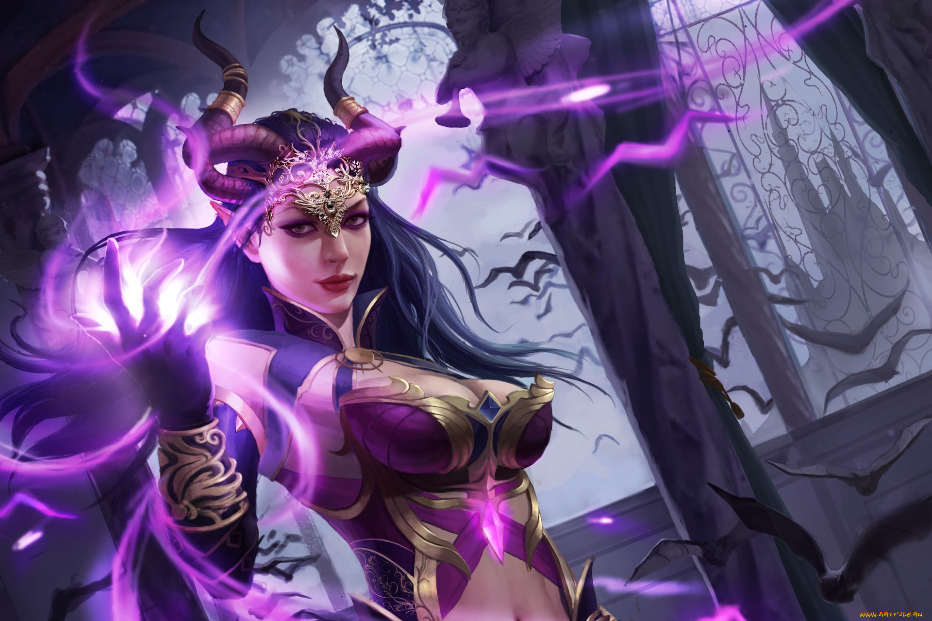 фэнтези, магия, арт, рога, летучие, мыши, демоница