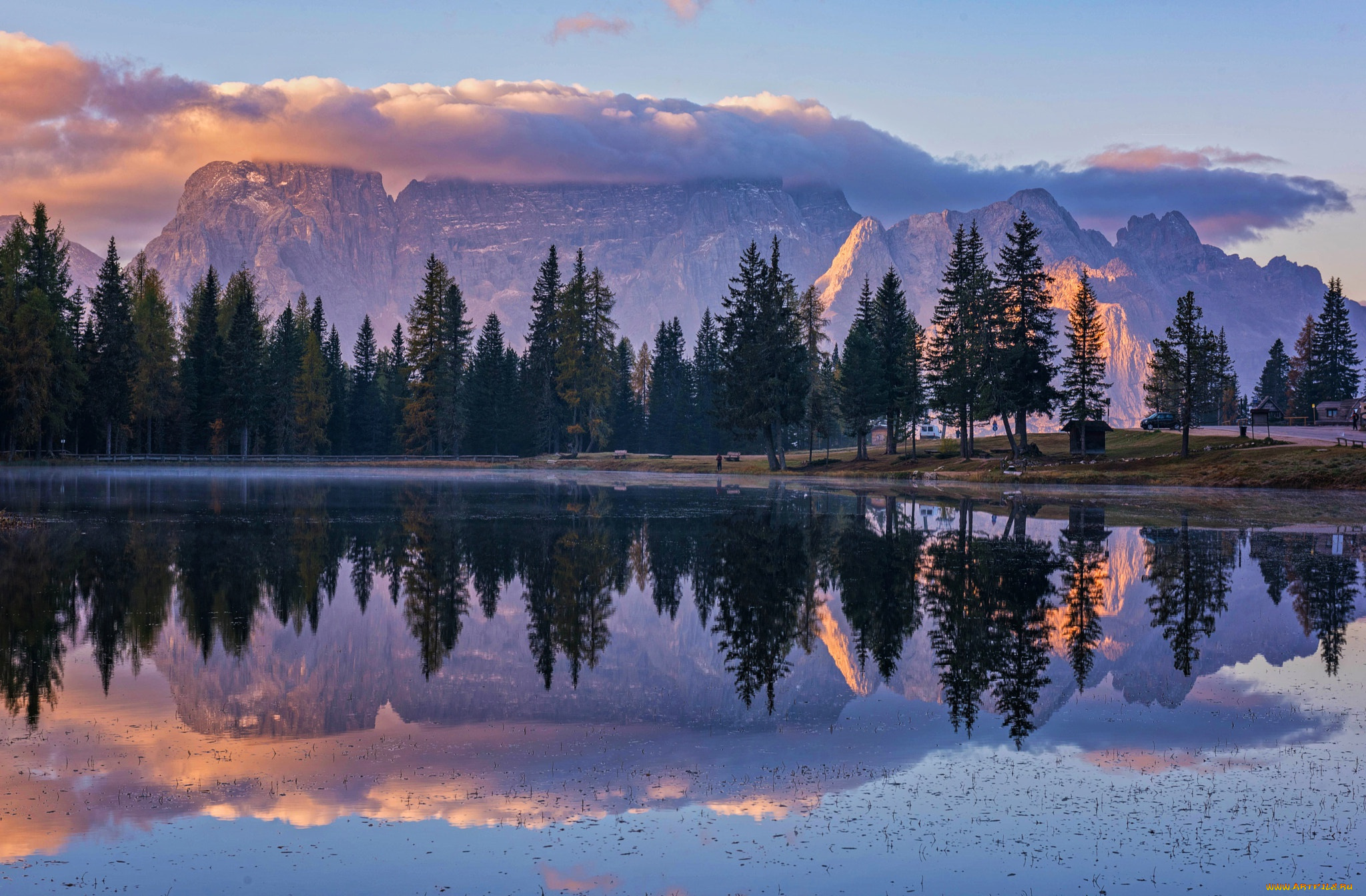 природа, реки, озера, утро, csilla, zelko, отражение, озеро, горы, деревья, облака