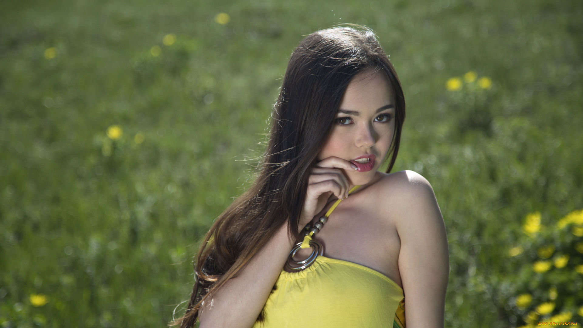 девушки, li, moon, поле, азиатка, цветы