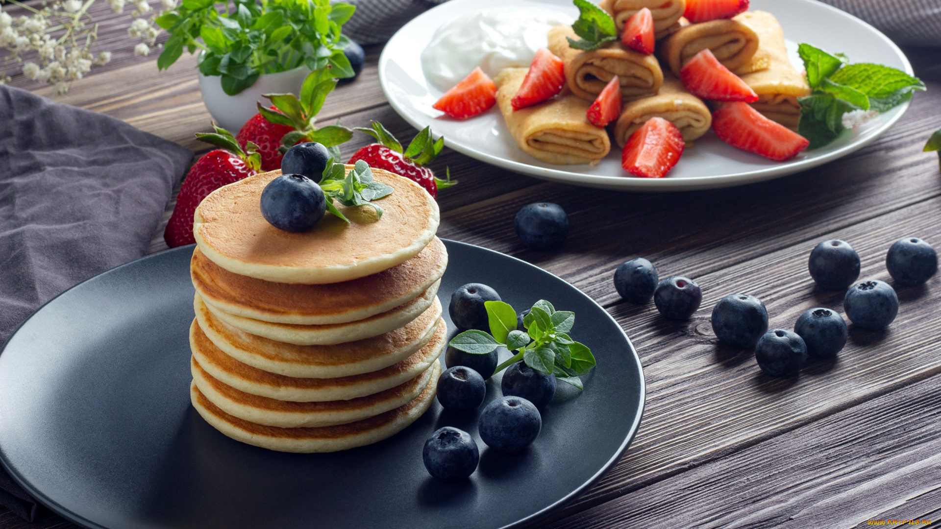 еда, блины, , оладьи, мята, оладьи, блинчики, черника, клубника