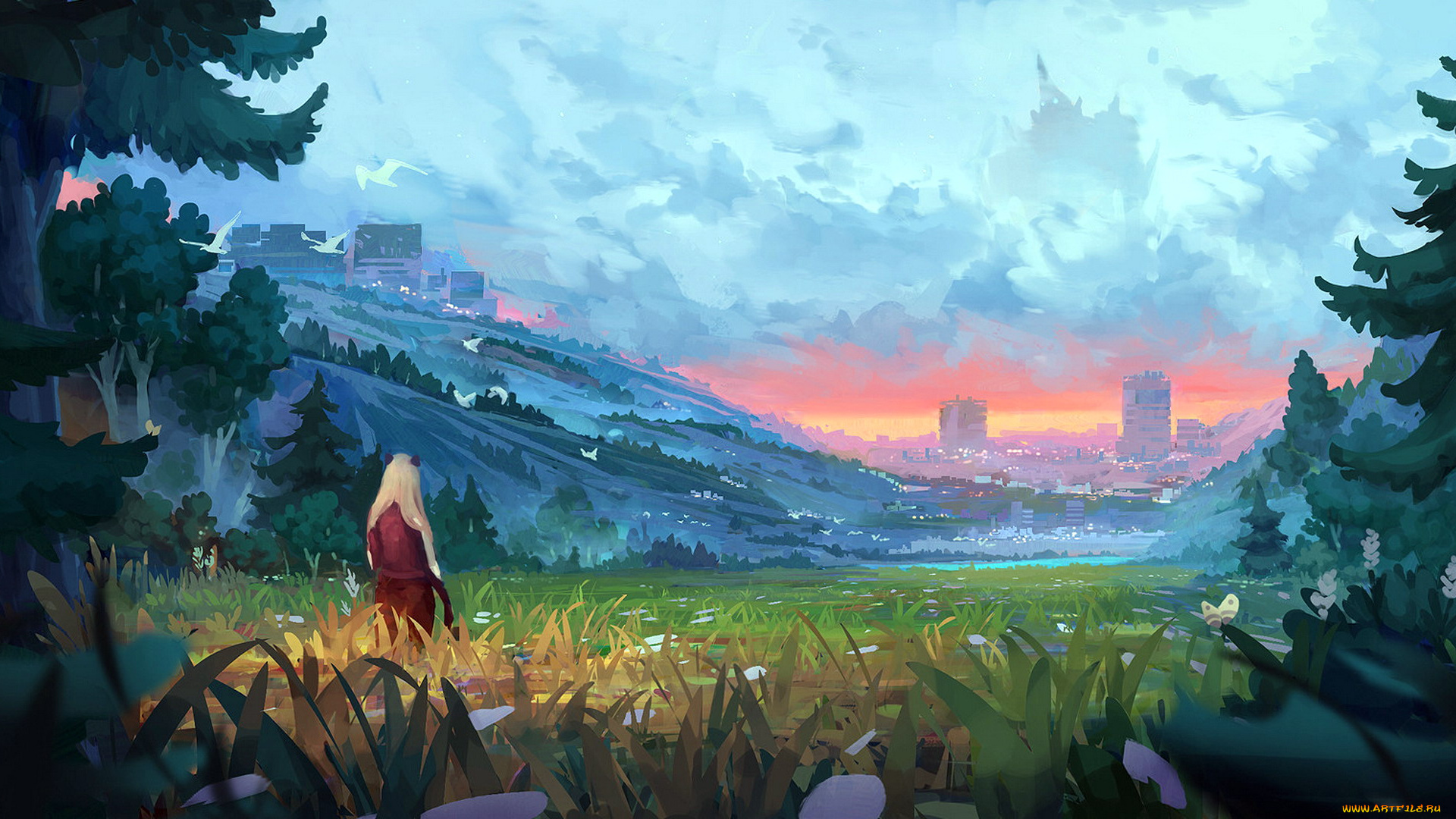 рисованное, денис, истомин, город, поляна, лес, девушка