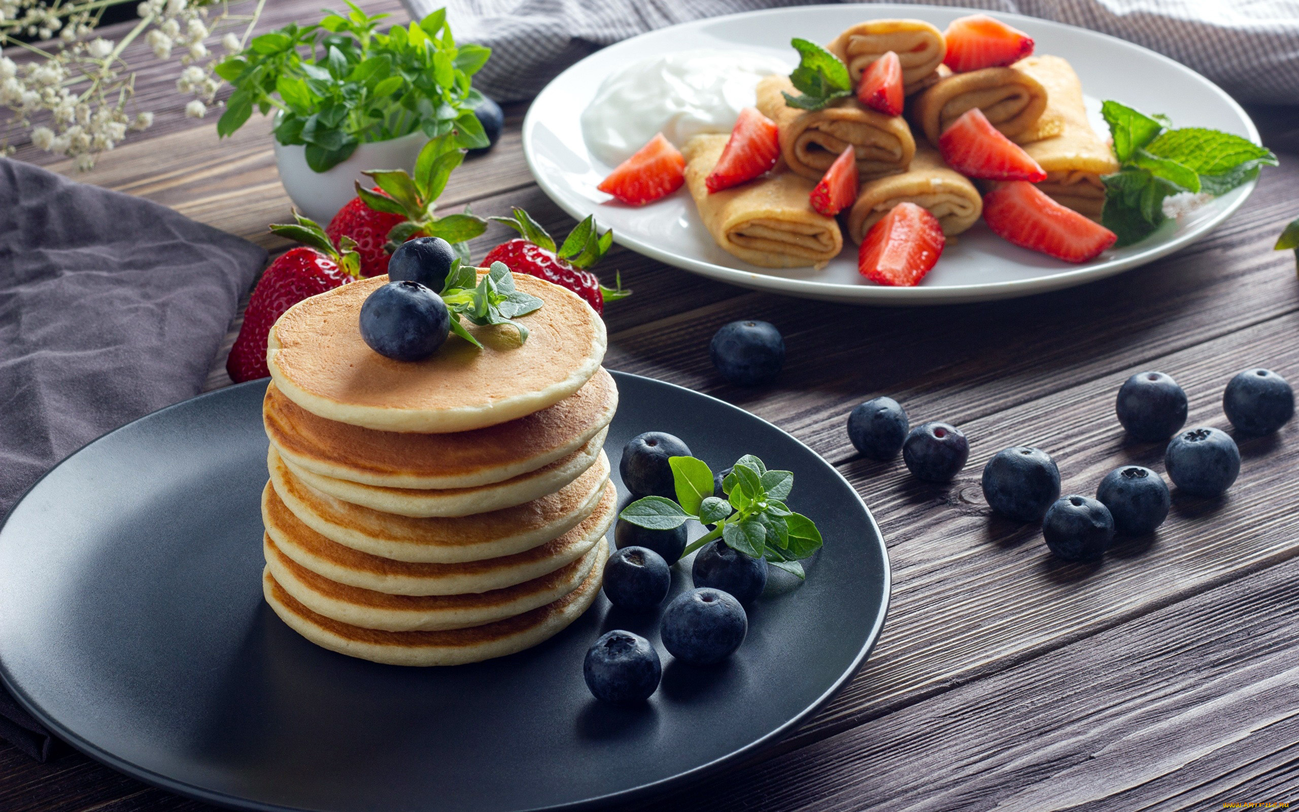 еда, блины, , оладьи, мята, оладьи, блинчики, черника, клубника