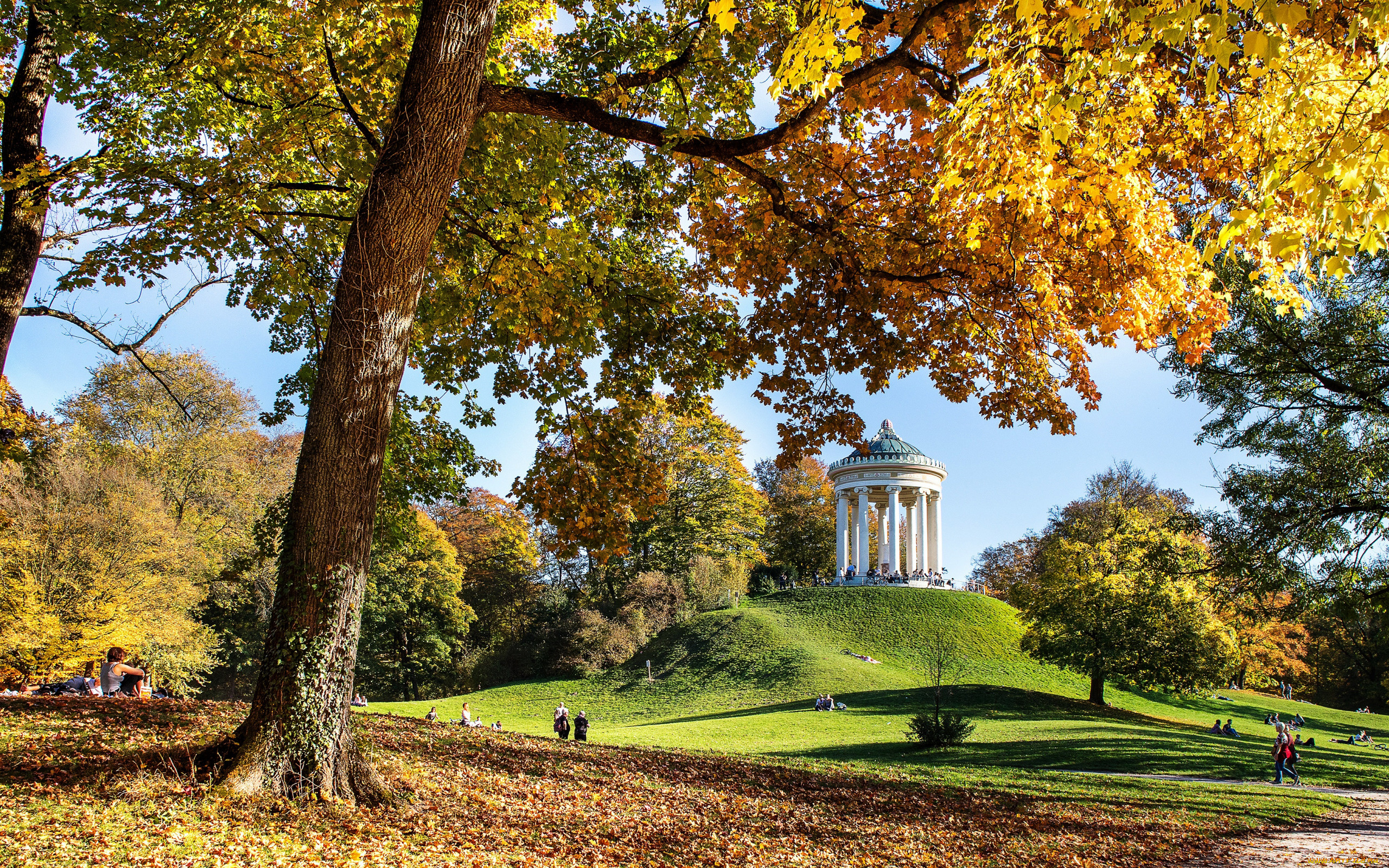 осень, природа, парк, беседка, люди