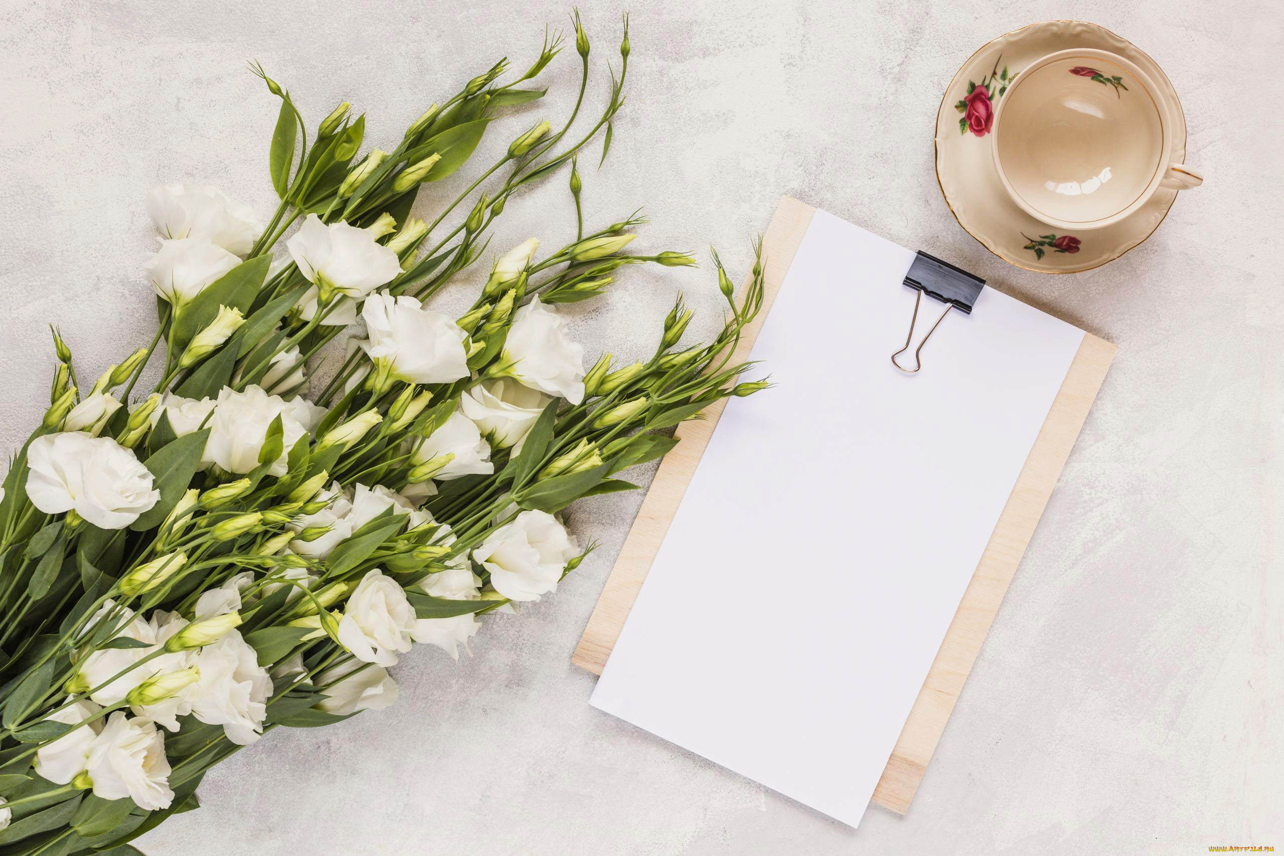 цветы, эустома, букет, бутоны, чашка, бумага