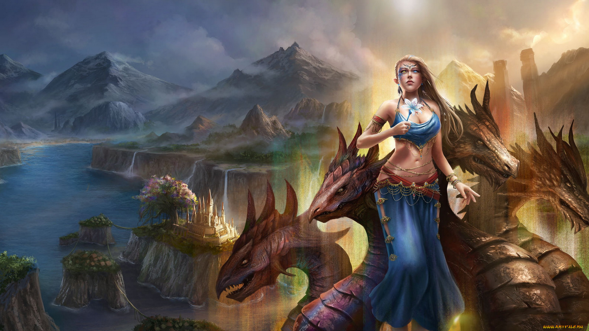 фэнтези, красавицы, и, чудовища, девушка, фон, дракон, горы