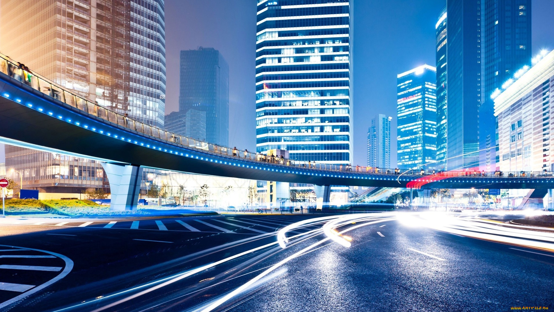 города, -, огни, ночного, города, здания, огни, дороги