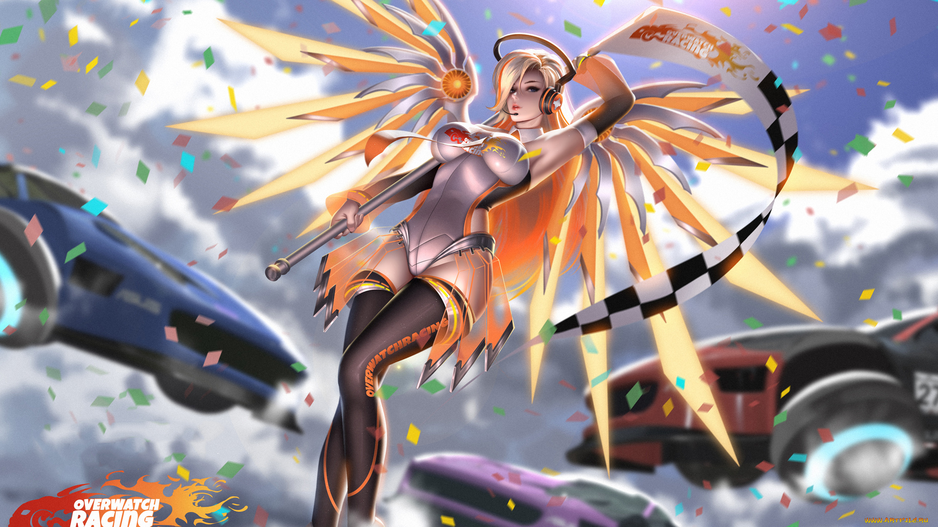 видео, игры, overwatch, девушка, фон, взгляд, крылья