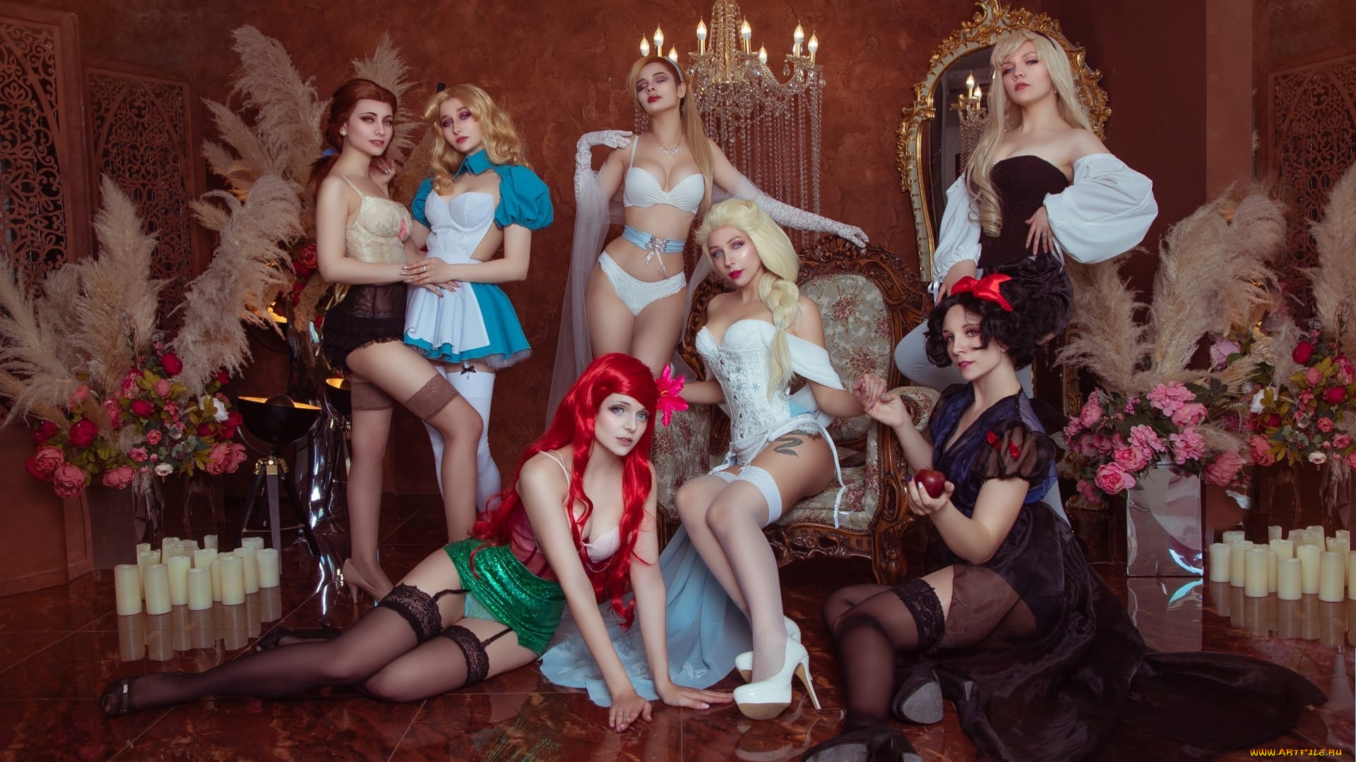девушки, -, креатив, , косплей, костюмы, образы, свечи, кресло, цветы