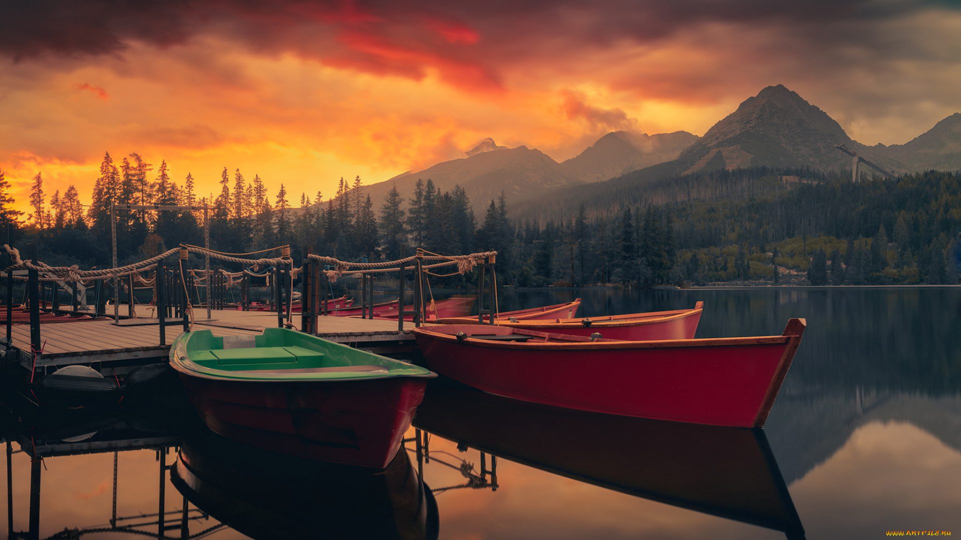 корабли, лодки, , шлюпки, горы, озеро, закат