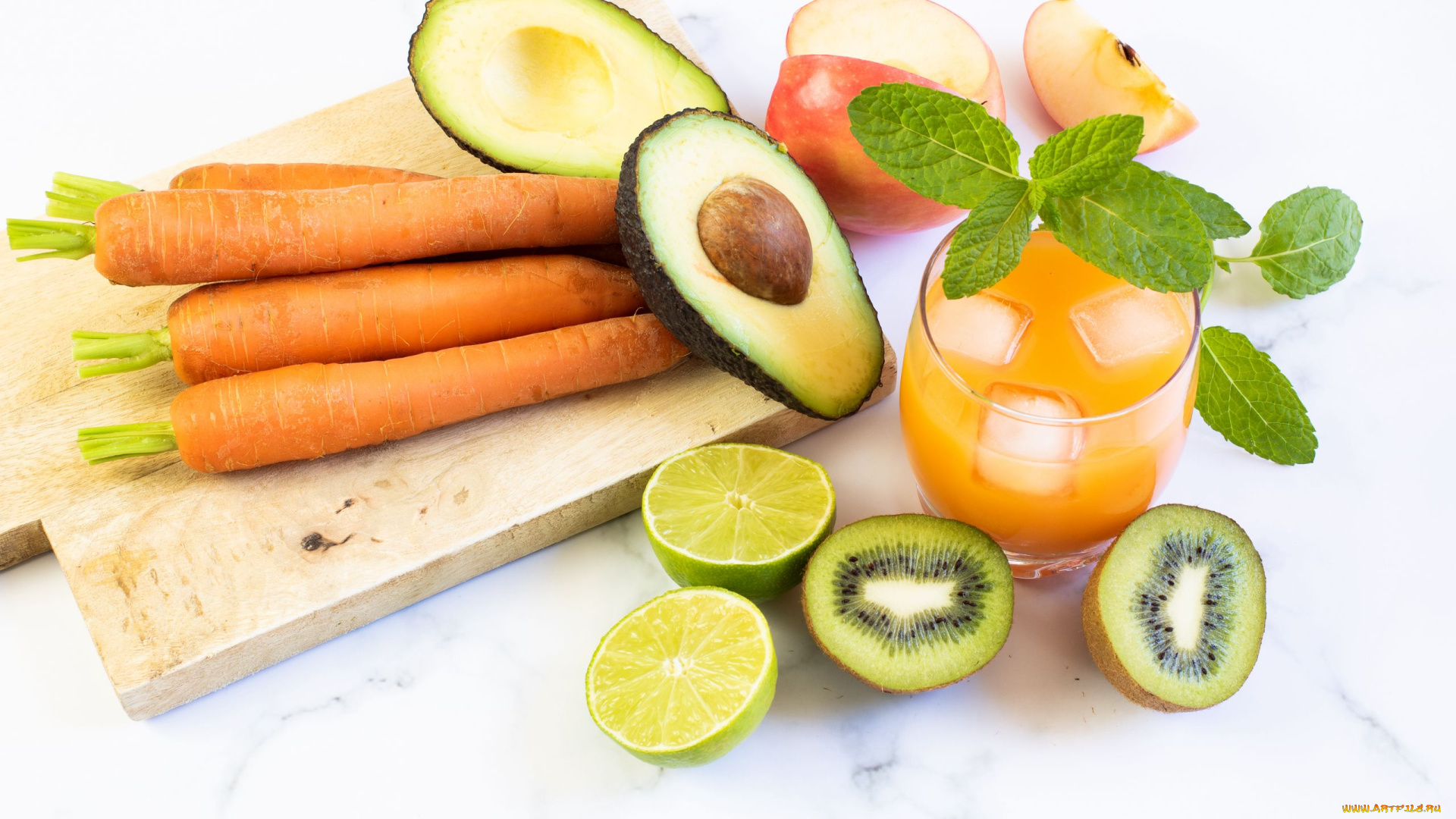 еда, фрукты, и, овощи, вместе, киви, лайм, авокадо, морковь, яблоко, мята