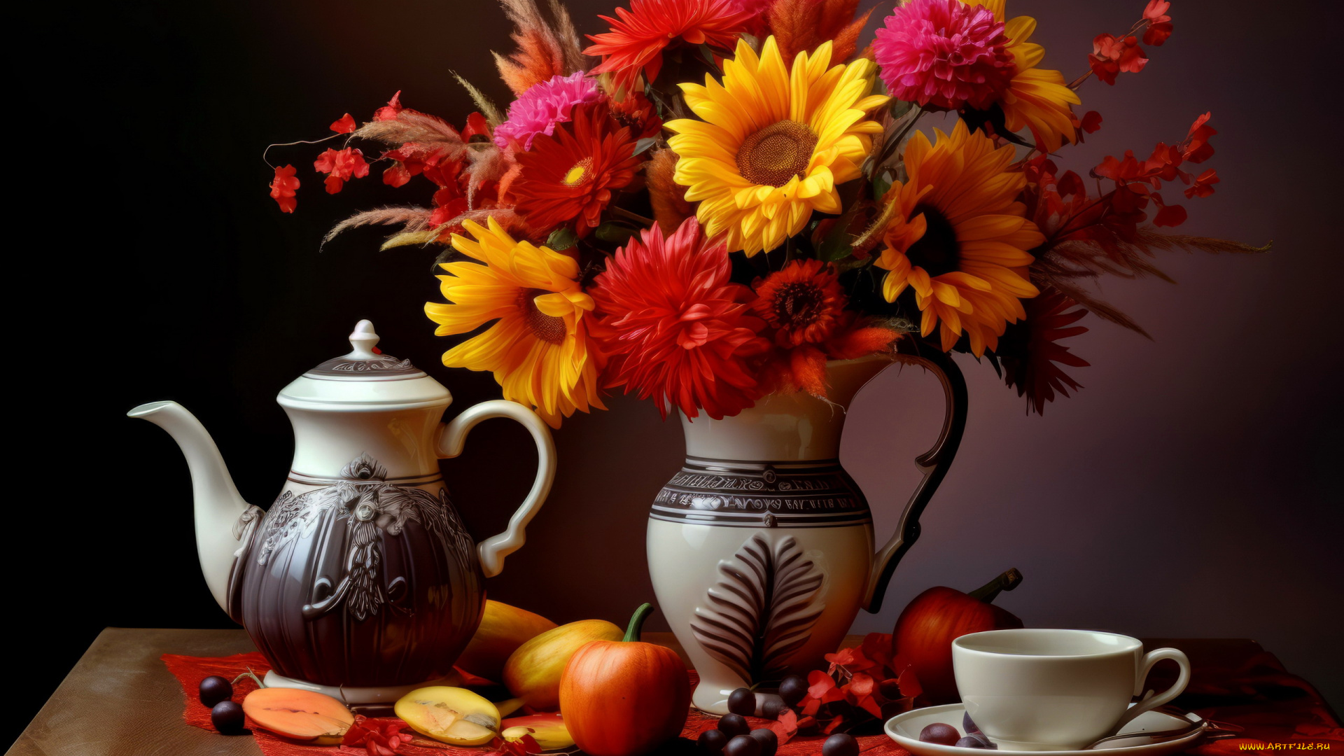 еда, натюрморт, букет, тыква, кофейник, чашка