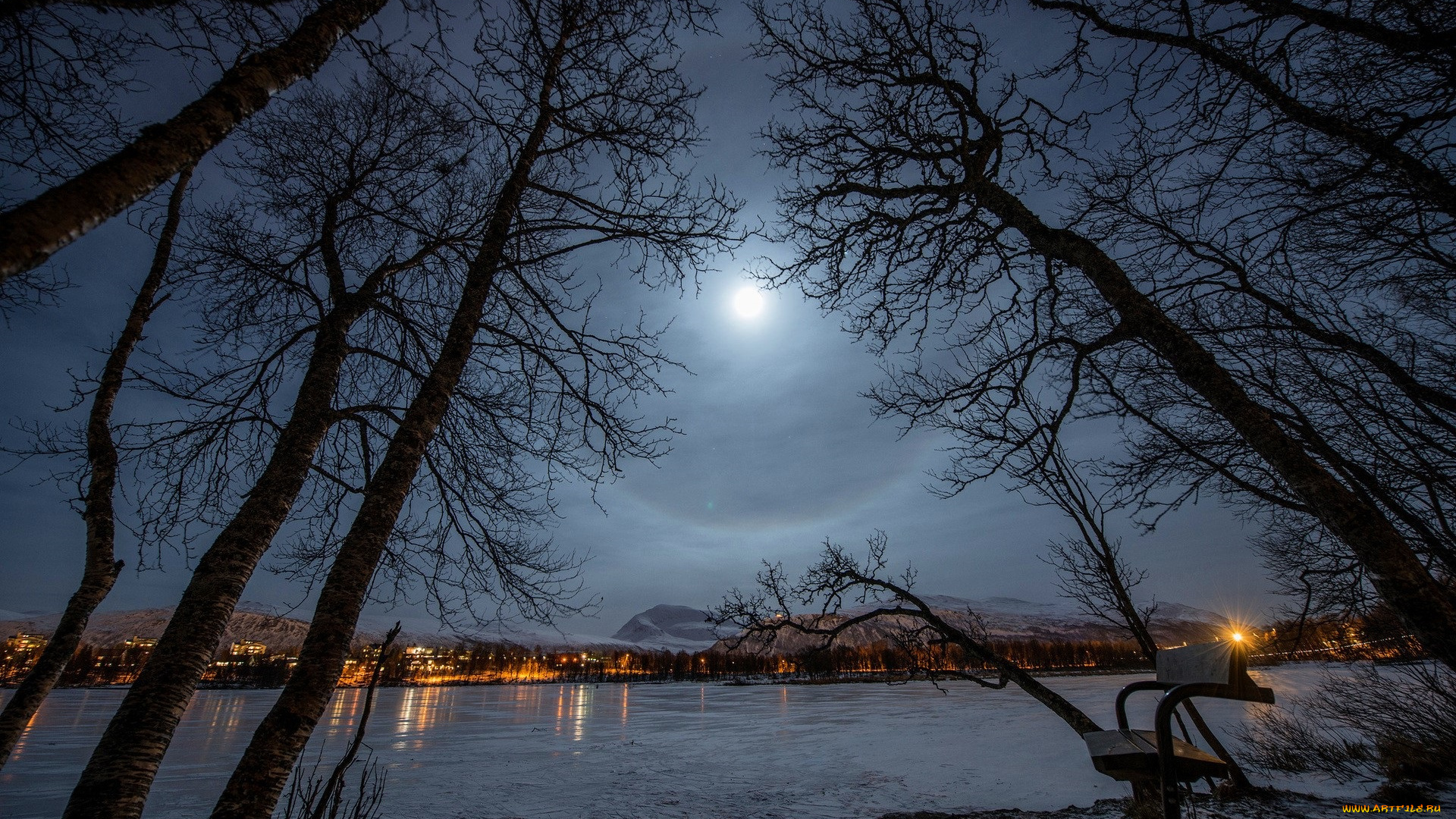 города, -, огни, ночного, города, деревья, река, поселок, огни, горы