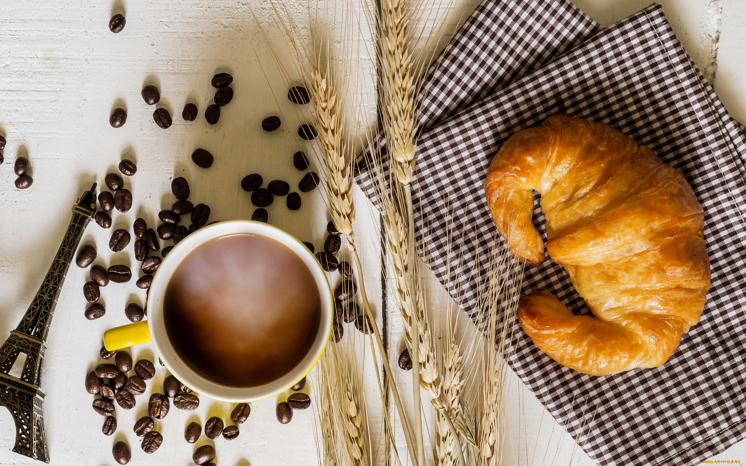 еда, кофе, , кофейные, зёрна, круассан, зерна, колосья