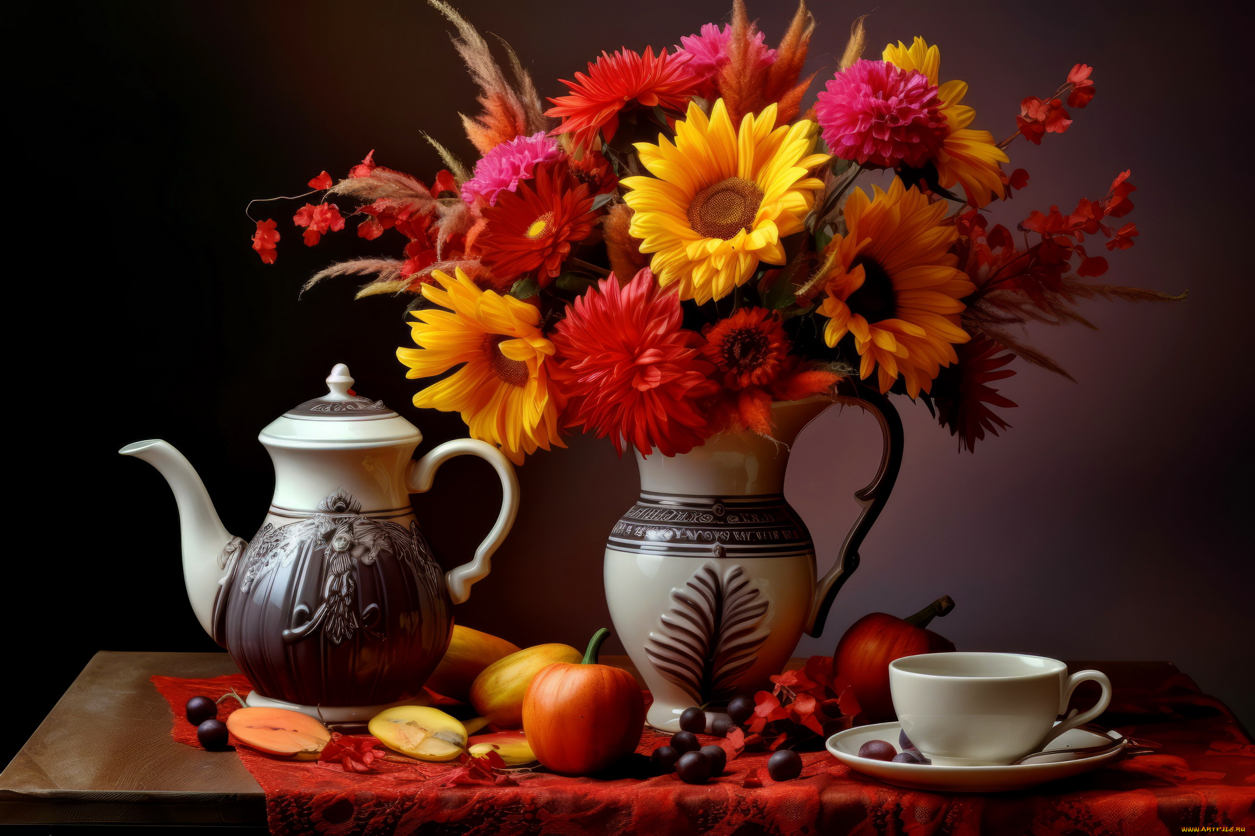 еда, натюрморт, букет, тыква, кофейник, чашка