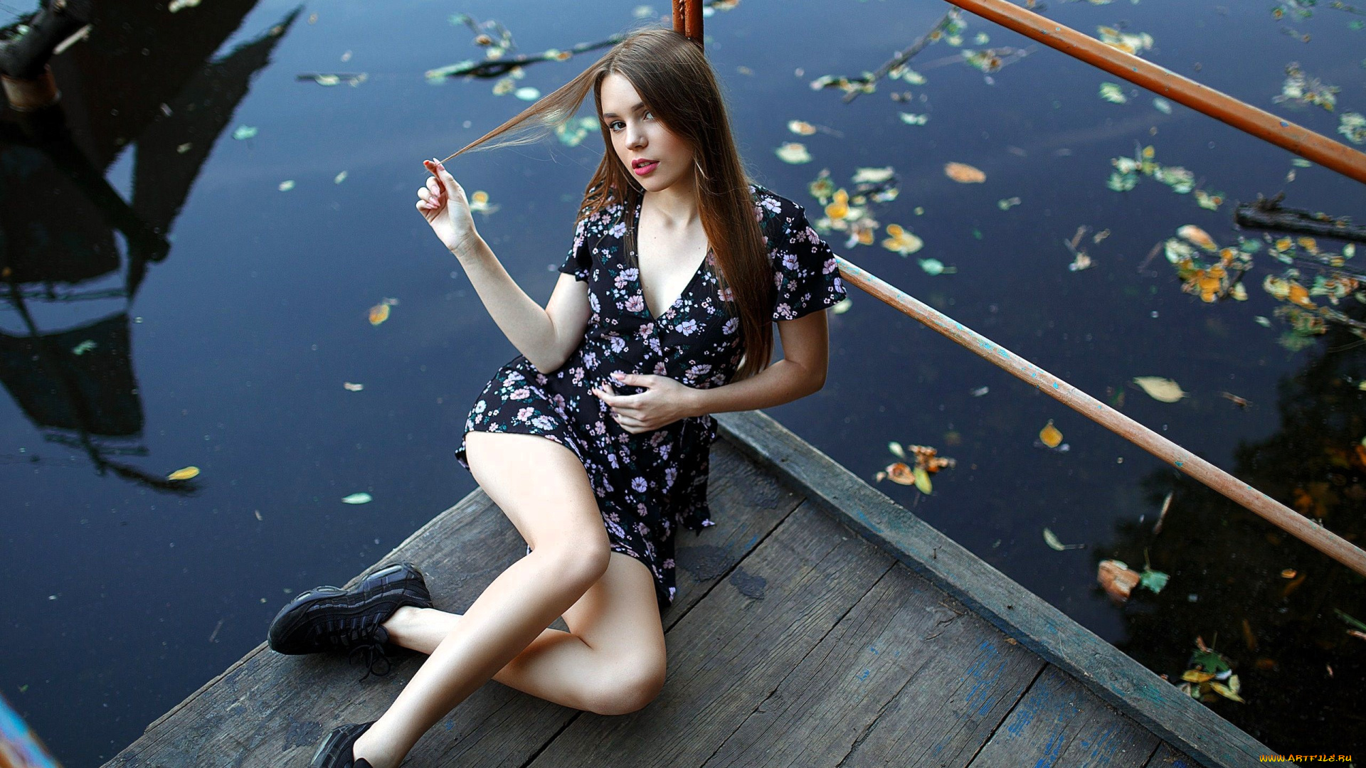 девушки, -, брюнетки, , шатенки, шатенка, платье, кроссовки, мостки, озеро