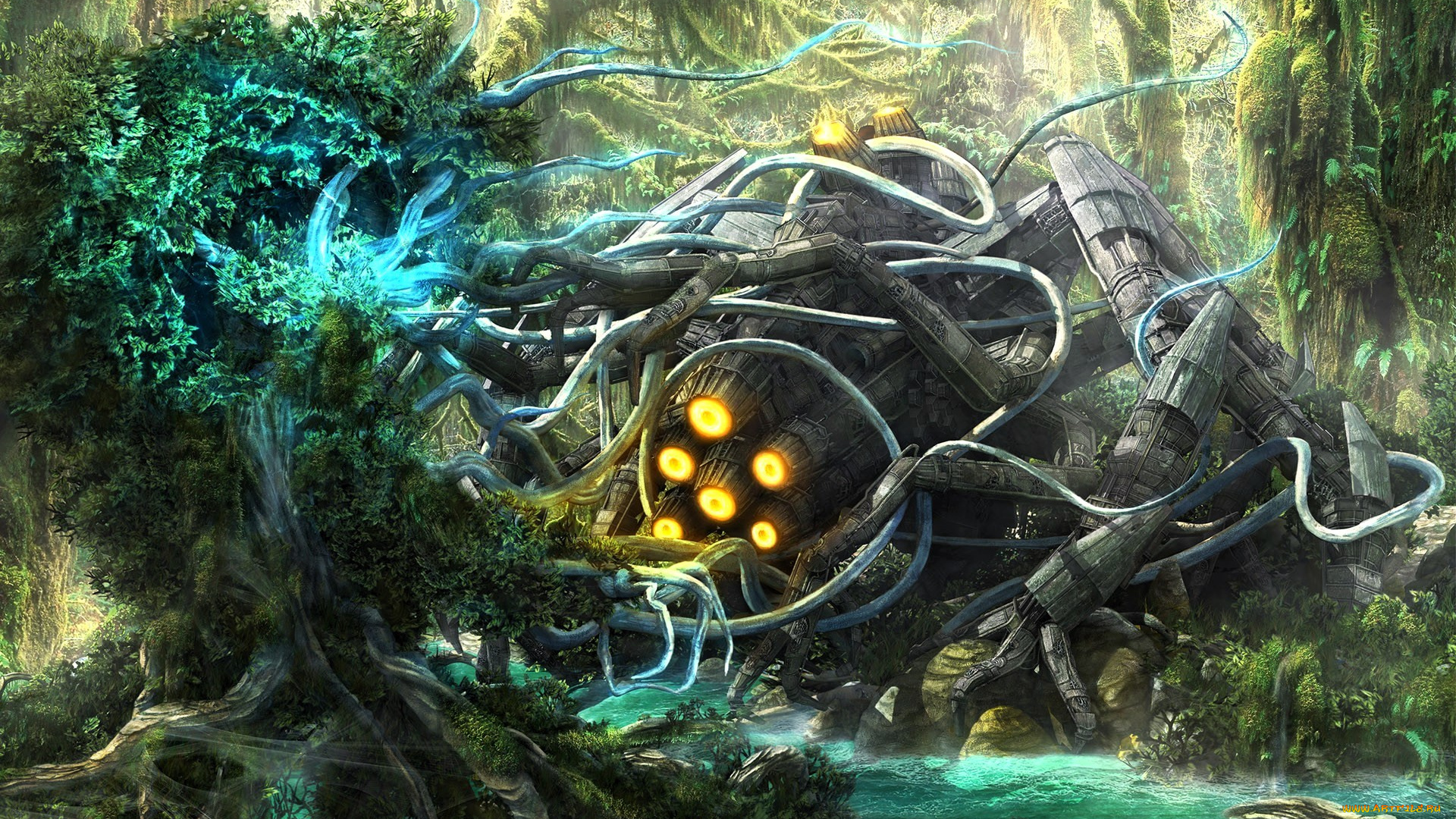 фэнтези, космические, корабли, , звездолеты, , станции, лес, корабль, двигатель, деревья, магия, река