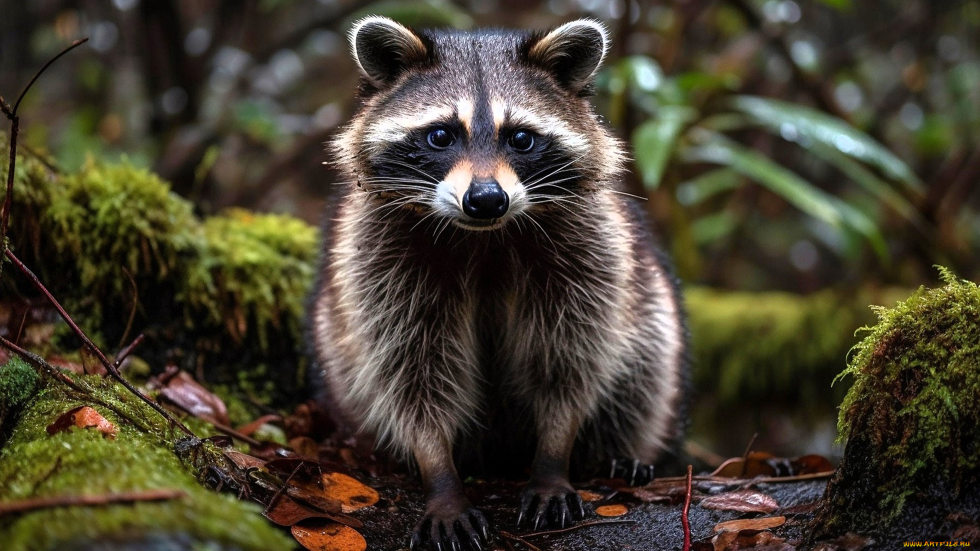 разное, компьютерный, дизайн, енот, листья, мох