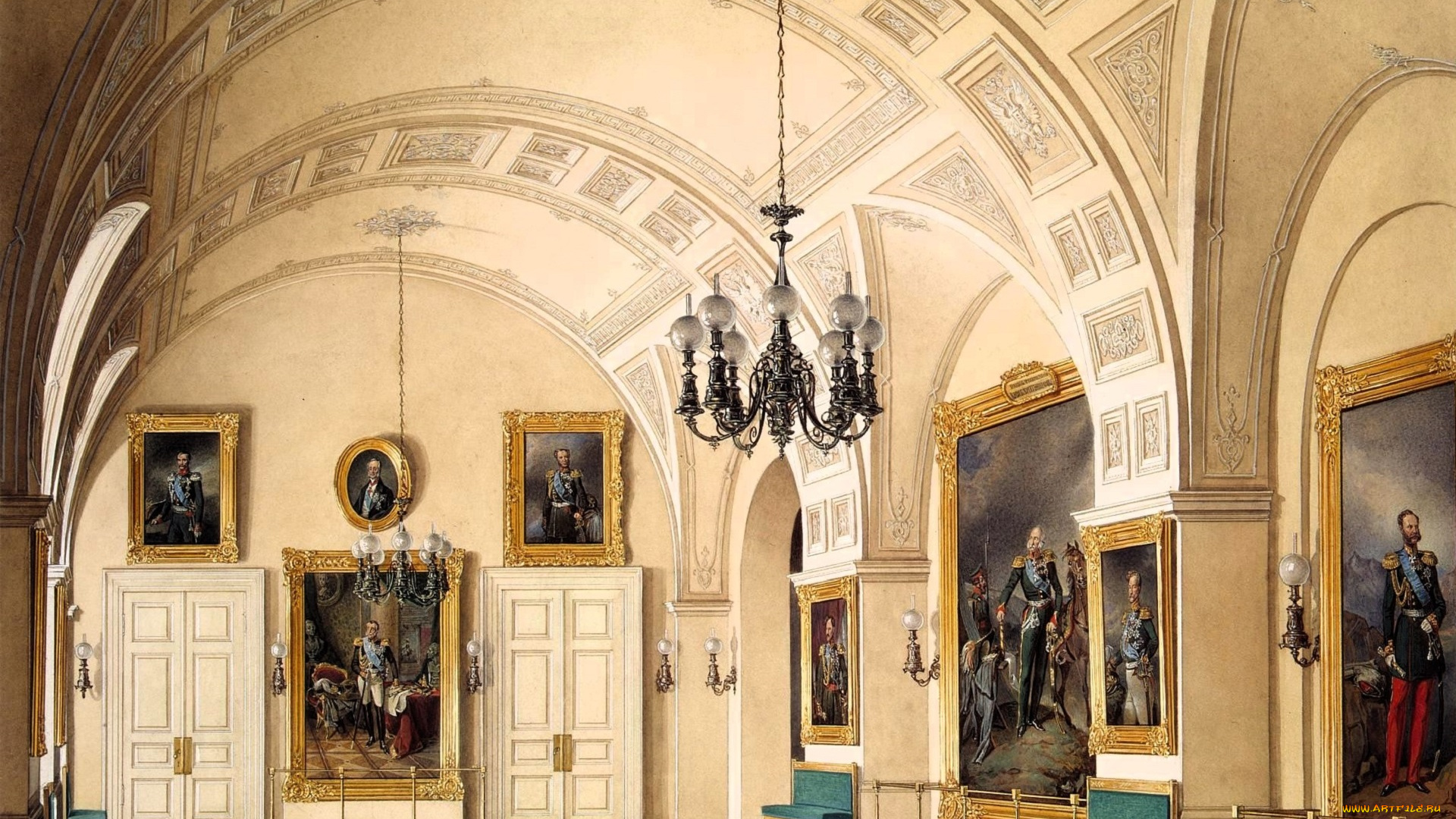 рисованное, эдуард, гау, дворец, интерьер, зал, свод, лепнина, люстра, картины