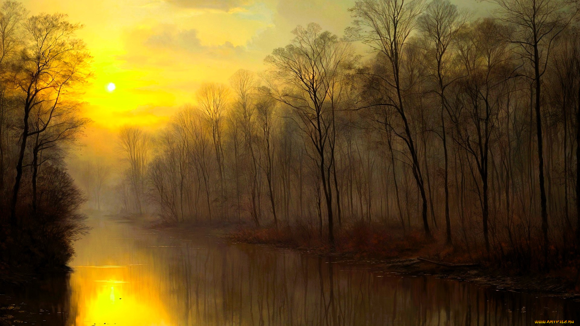 рисованное, природа, деревья, река, туман, лес, листья, осень