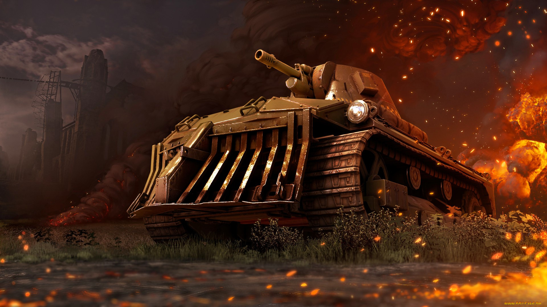 видео, игры, crossout, техника, танк, огонь, искры, завод