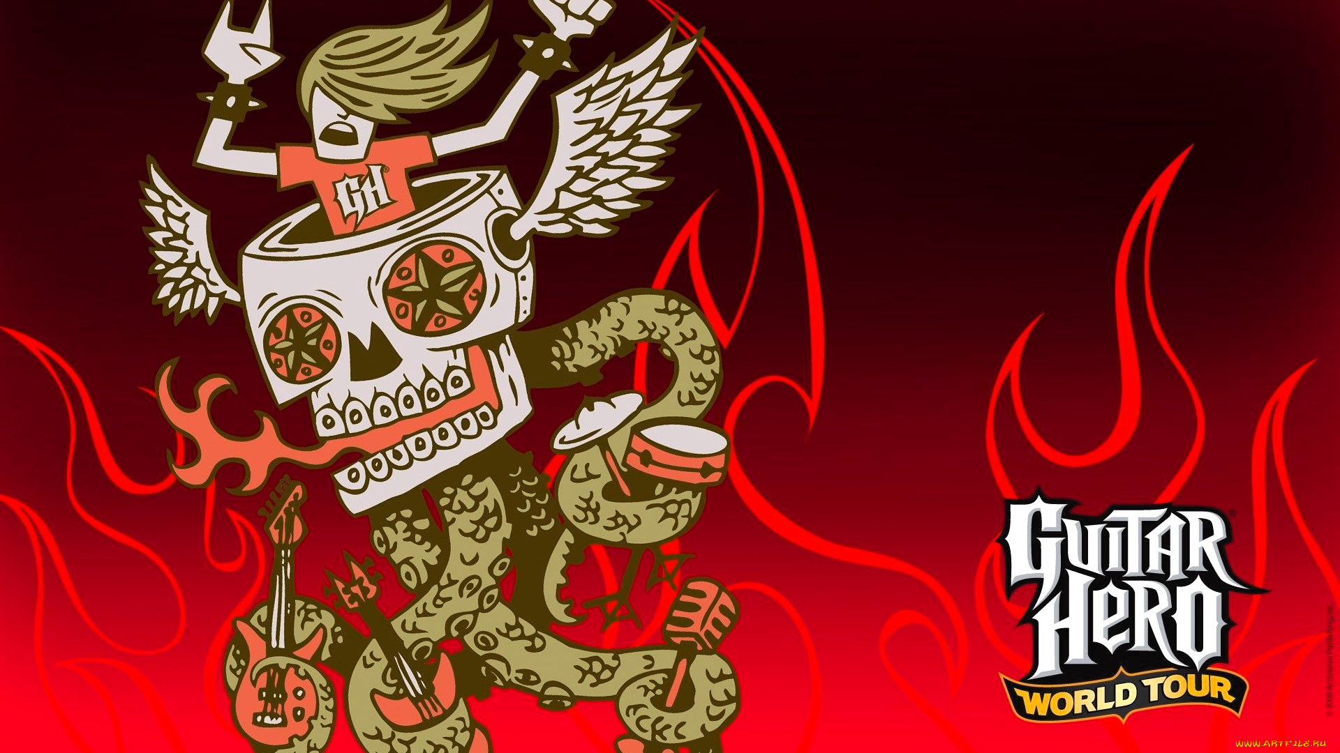 видео, игры, guitar, hero, world, tour, парень, рокер, череп, щупальца, инструменты, огонь