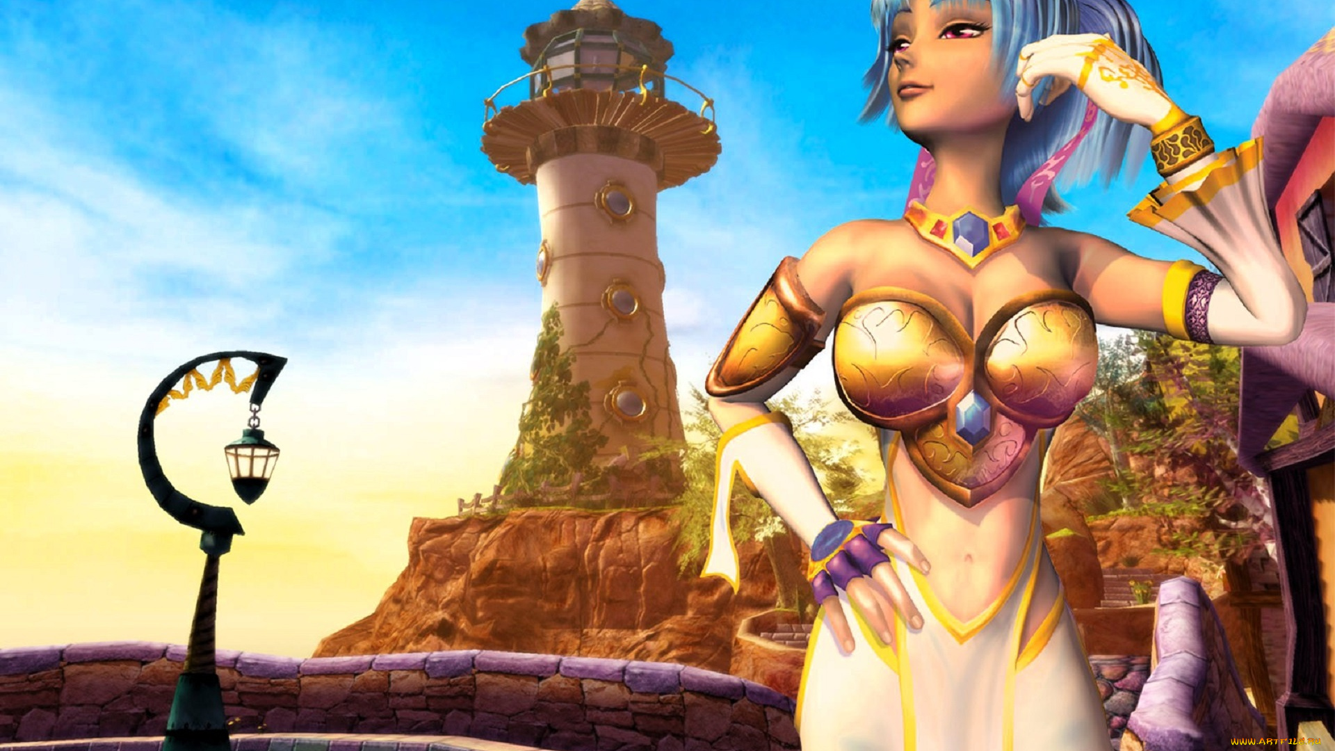 видео, игры, sudeki, девушка, наряд, парк, площадка, фонарь, башня