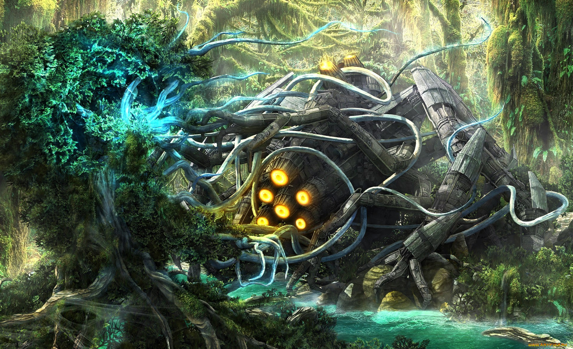 фэнтези, космические, корабли, , звездолеты, , станции, лес, корабль, двигатель, деревья, магия, река