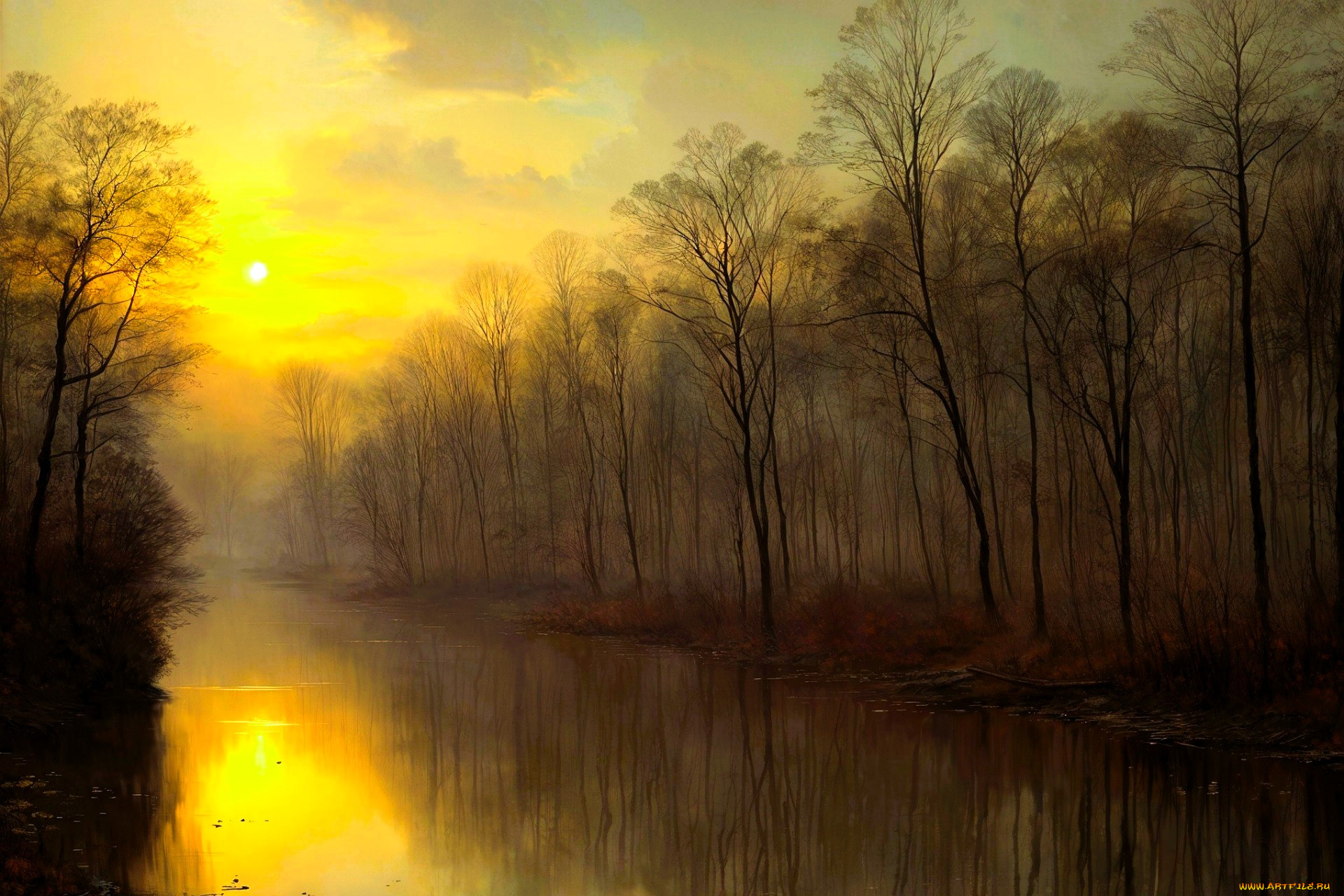 рисованное, природа, деревья, река, туман, лес, листья, осень